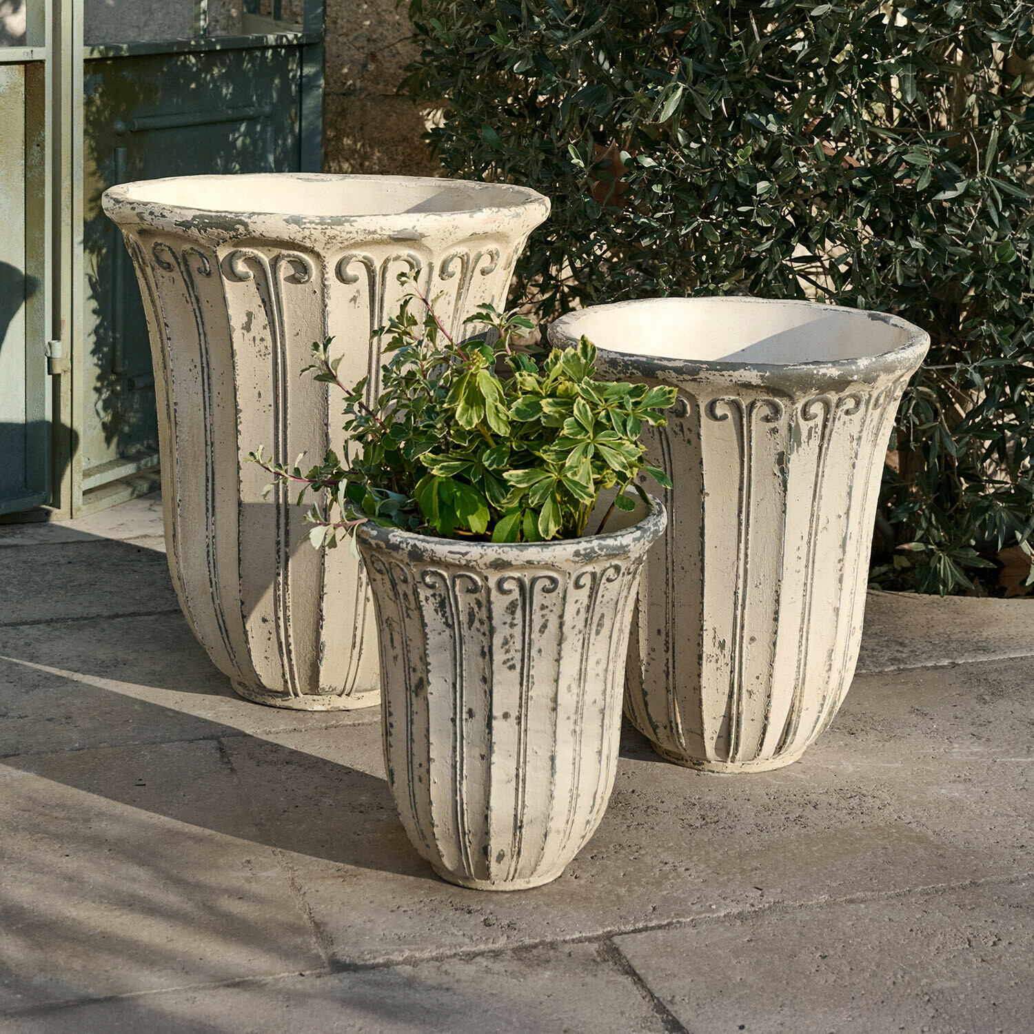 Sierpot set van 3 Méravon Set van drie grote lichte betonnen potten met decoratief patroon, ideaal voor tuinplanten