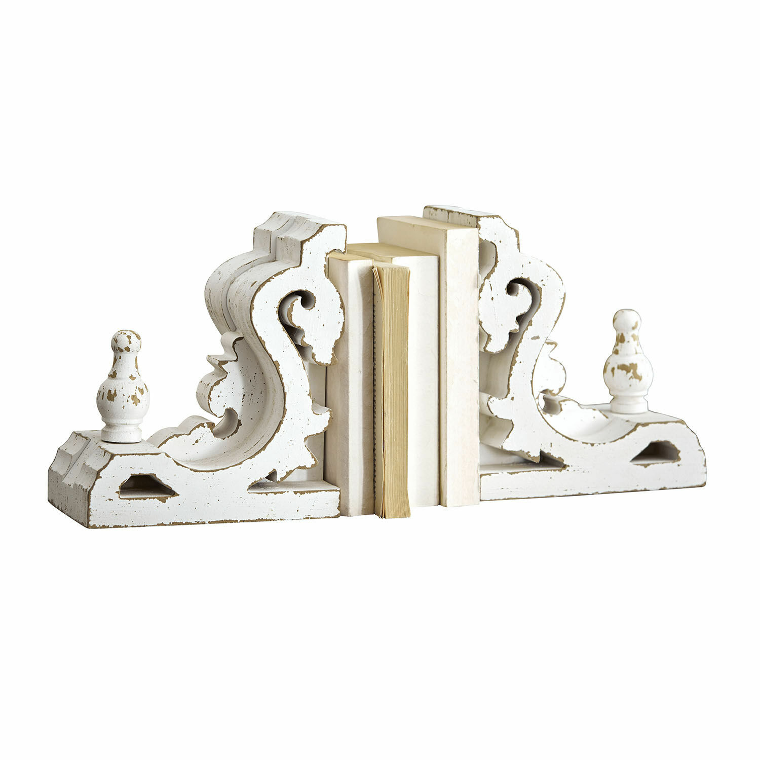 Lot de 2 serre-livres Sami Serre-livres en bois blanc vieilli avec motif ornemental, accessoires décoratifs pour la maison