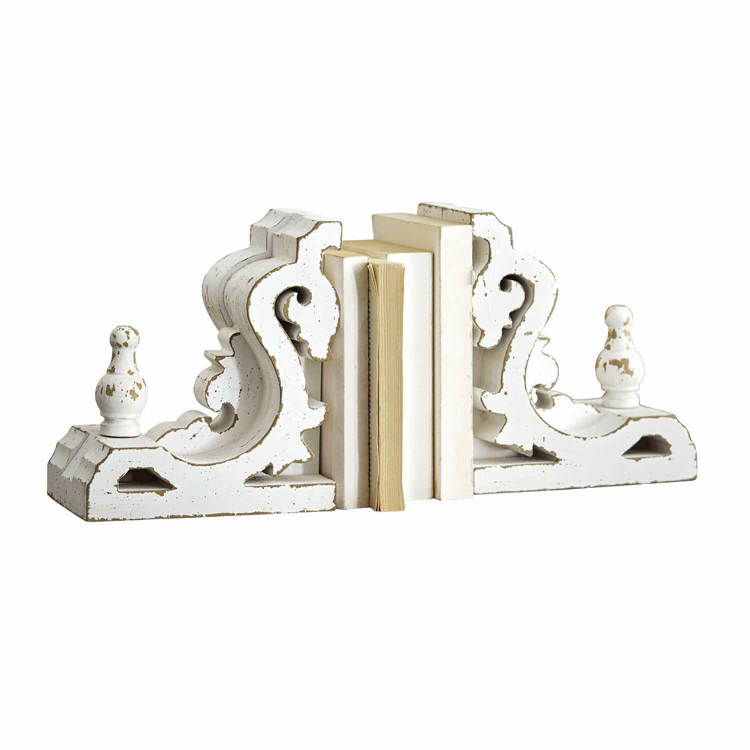 Lot de 2 serre-livres Sami Serre-livres en bois blanc vieilli avec motif ornemental, accessoires décoratifs pour la maison