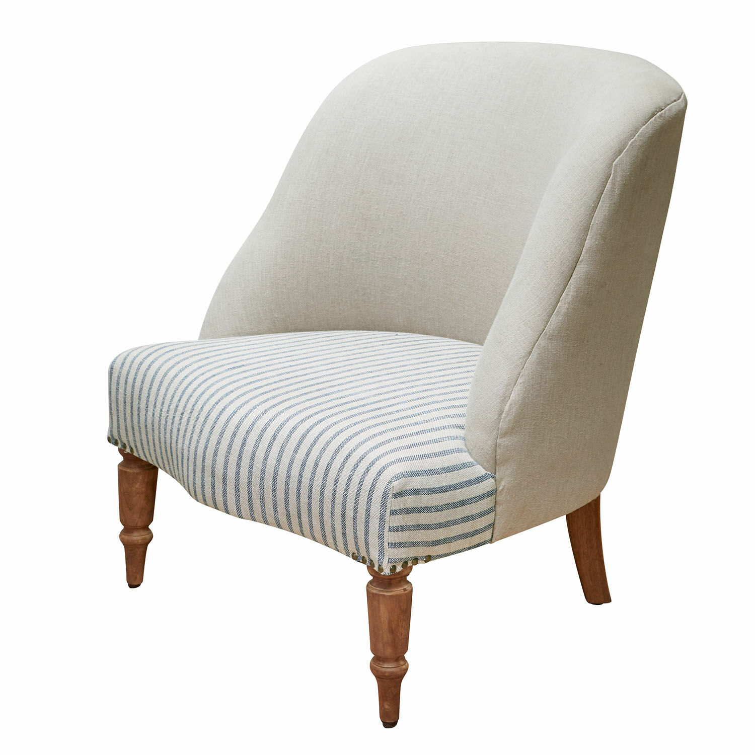 Fauteuil Maplewood beige avec pieds en bois et assise rayée grise pour salon élégant