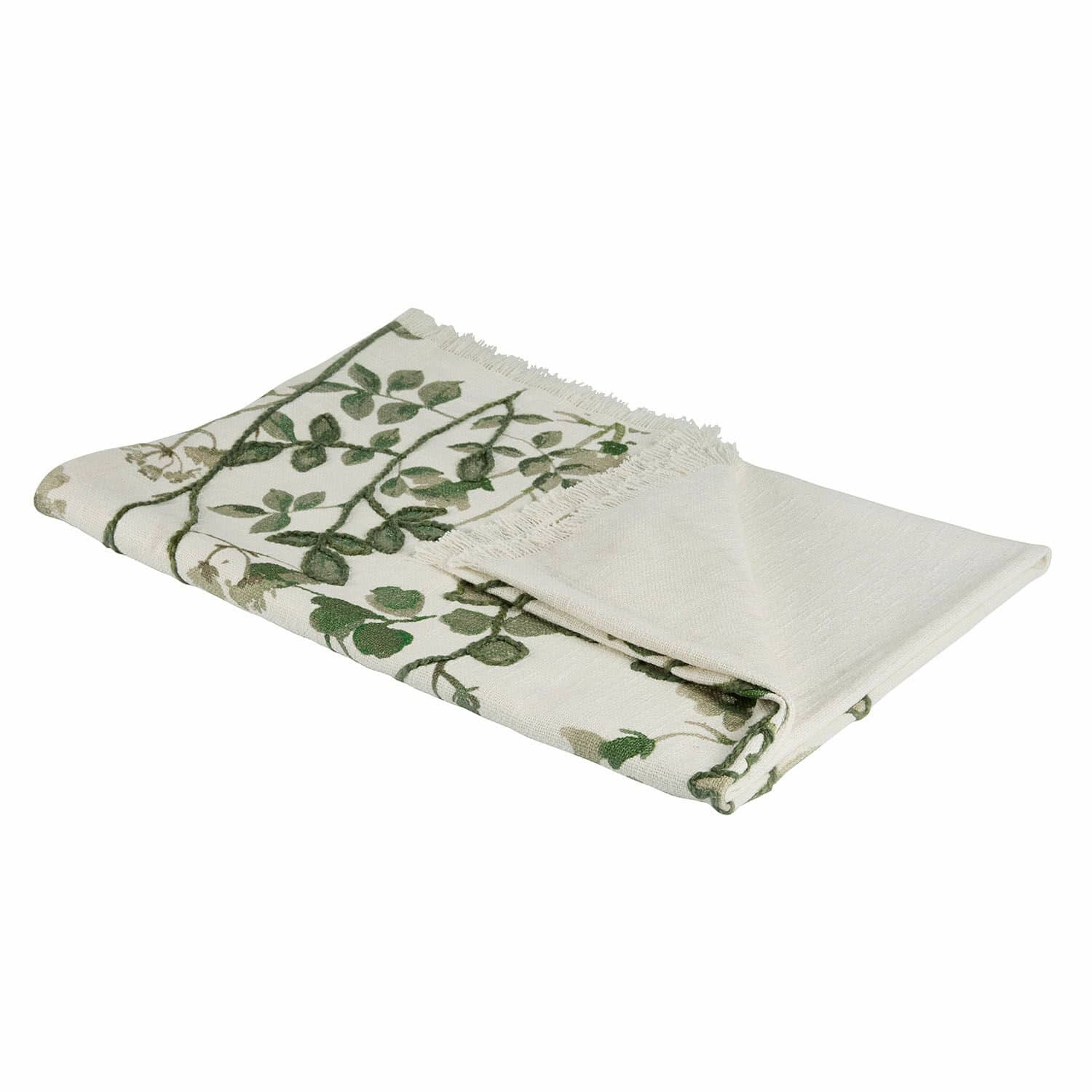 Plaid Wescombe Crèmekleurige katoenen deken met groen bladmotief en franjes, zachte en decoratieve woontextiel