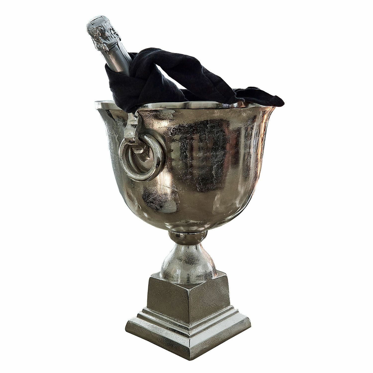 Champagnekoeler Pewsey Zilverkleurige metalen ijsemmer met handvatten en champagnefles gewikkeld in zwarte stof