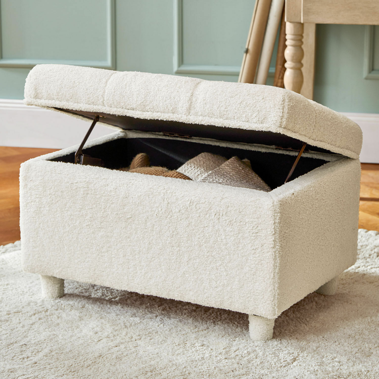 Banquette coffre Ivrielle Pouf en tissu blanc doux avec rangement intégré, meuble pratique pour salon et rangement
