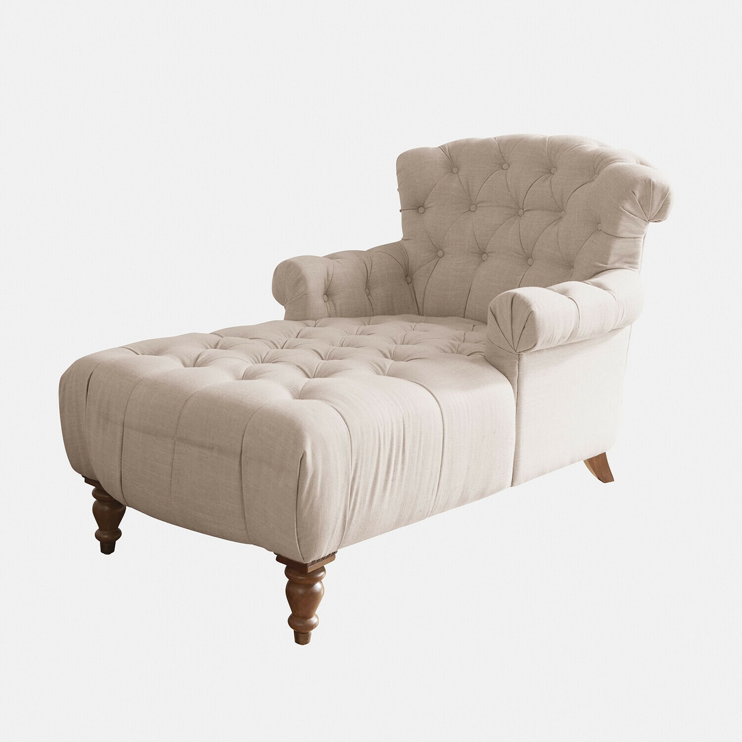Chaise longue Springfield Village Beige gestoffeerde chaise longue van stof met capitonnage en houten poten voor woonkamer