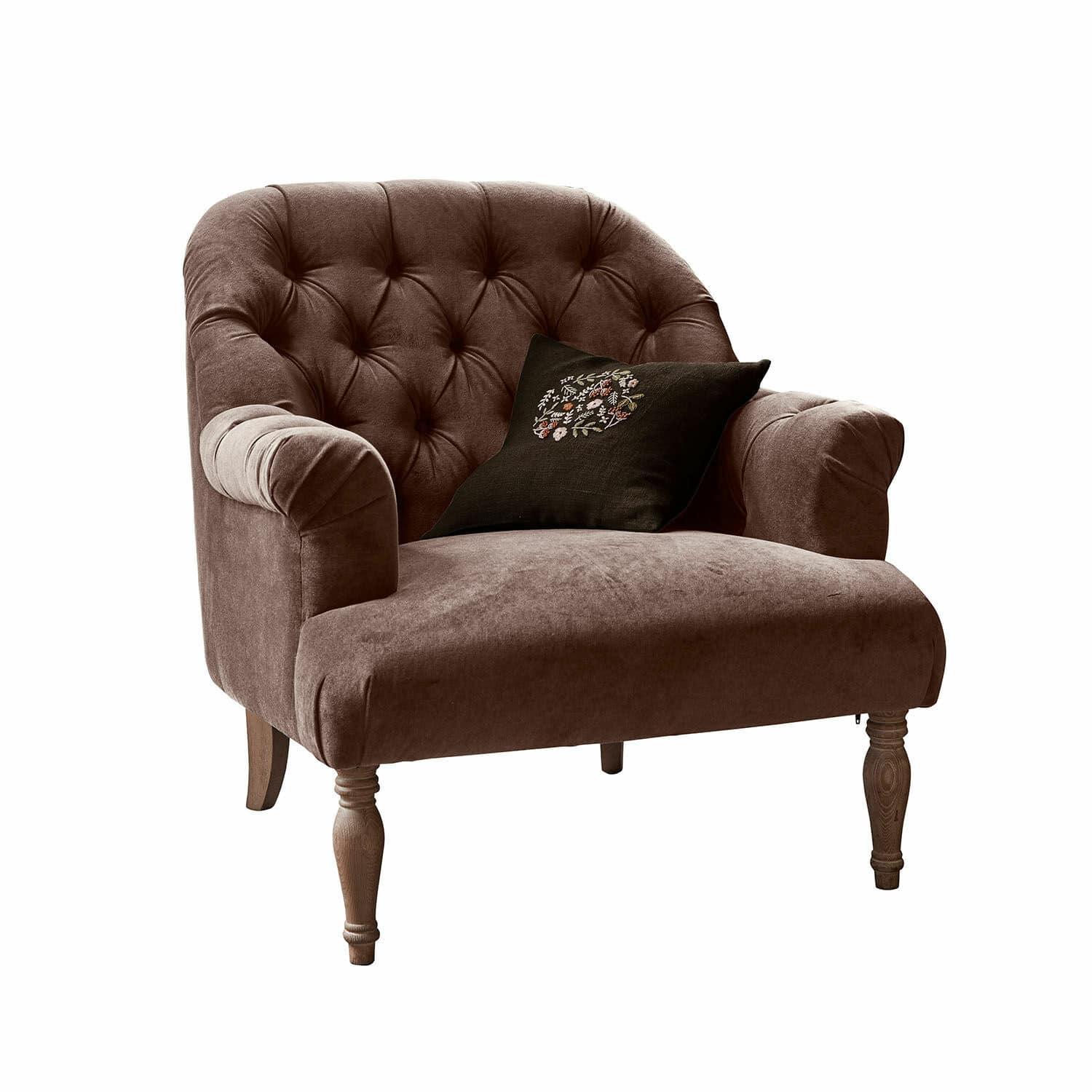 Fauteuil Shambrook Fauteuil en velours marron avec dossier capitonné et pieds en bois pour salon confortable