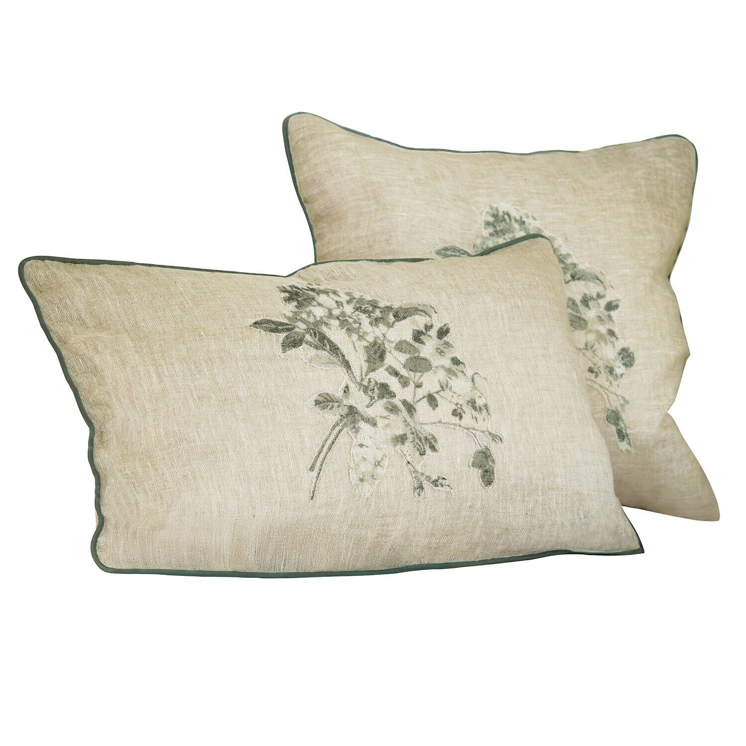 Lot de 2 housses de coussin Chantrelle Coussin beige en lin avec broderie végétale verte et bordure verte, décoration d'intérieur élégante