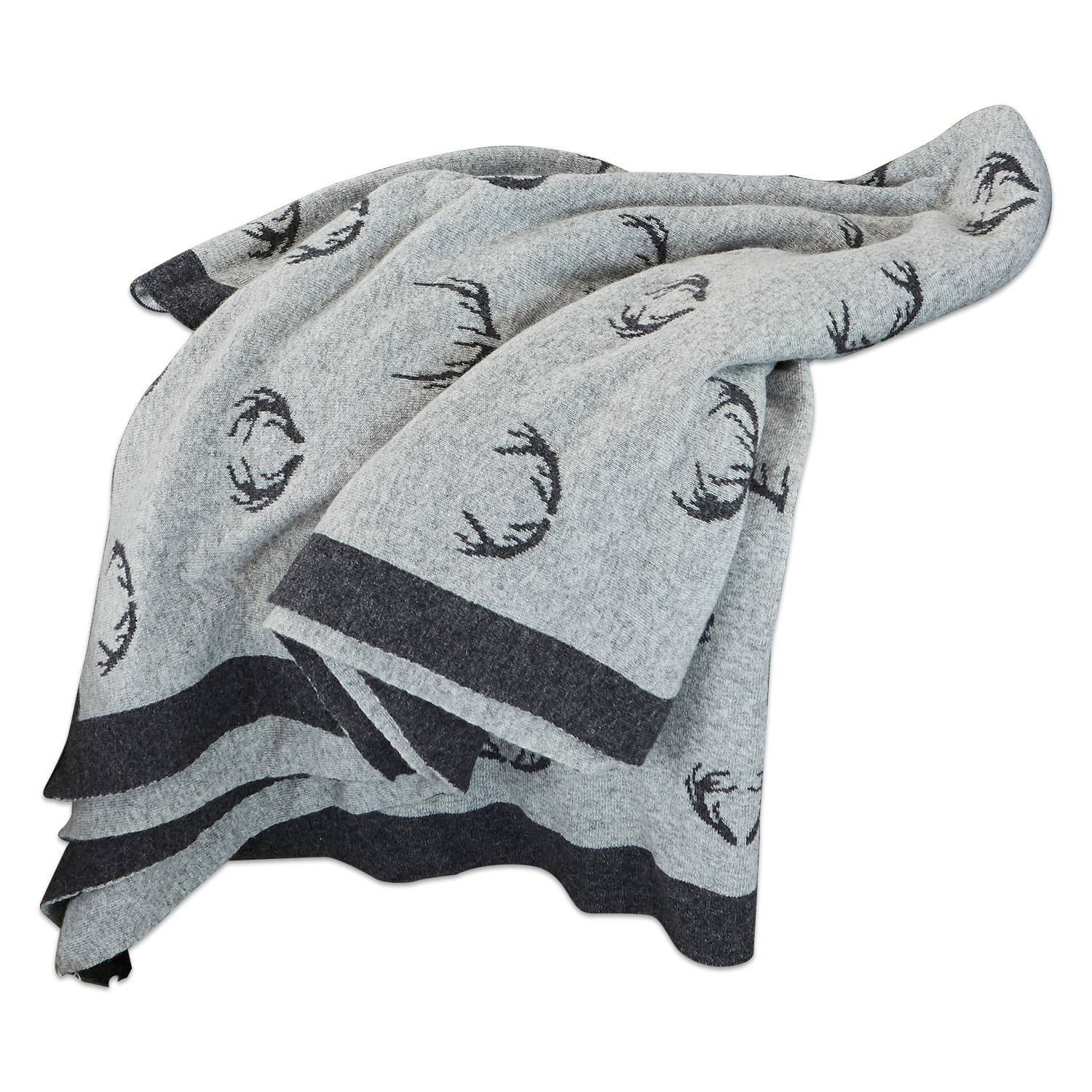 Plaid réversible Lodge Plaid gris avec motif bois de cerf noir et bordure foncée, tissu doux pour décoration intérieure