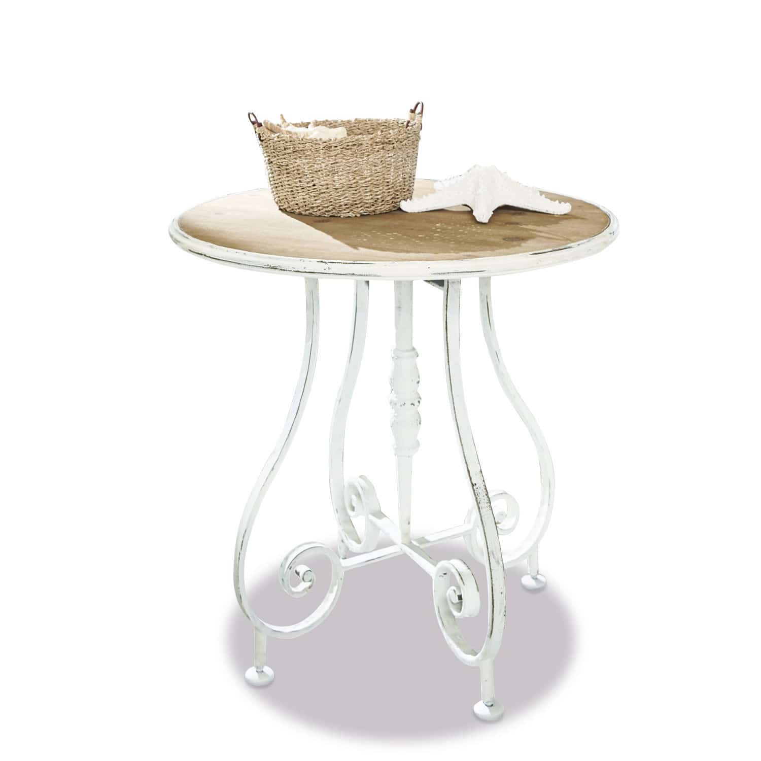 Bijzettafel Pordic Ronde tafel met witte metalen poten en houten blad, gedecoreerd met mand en zeester