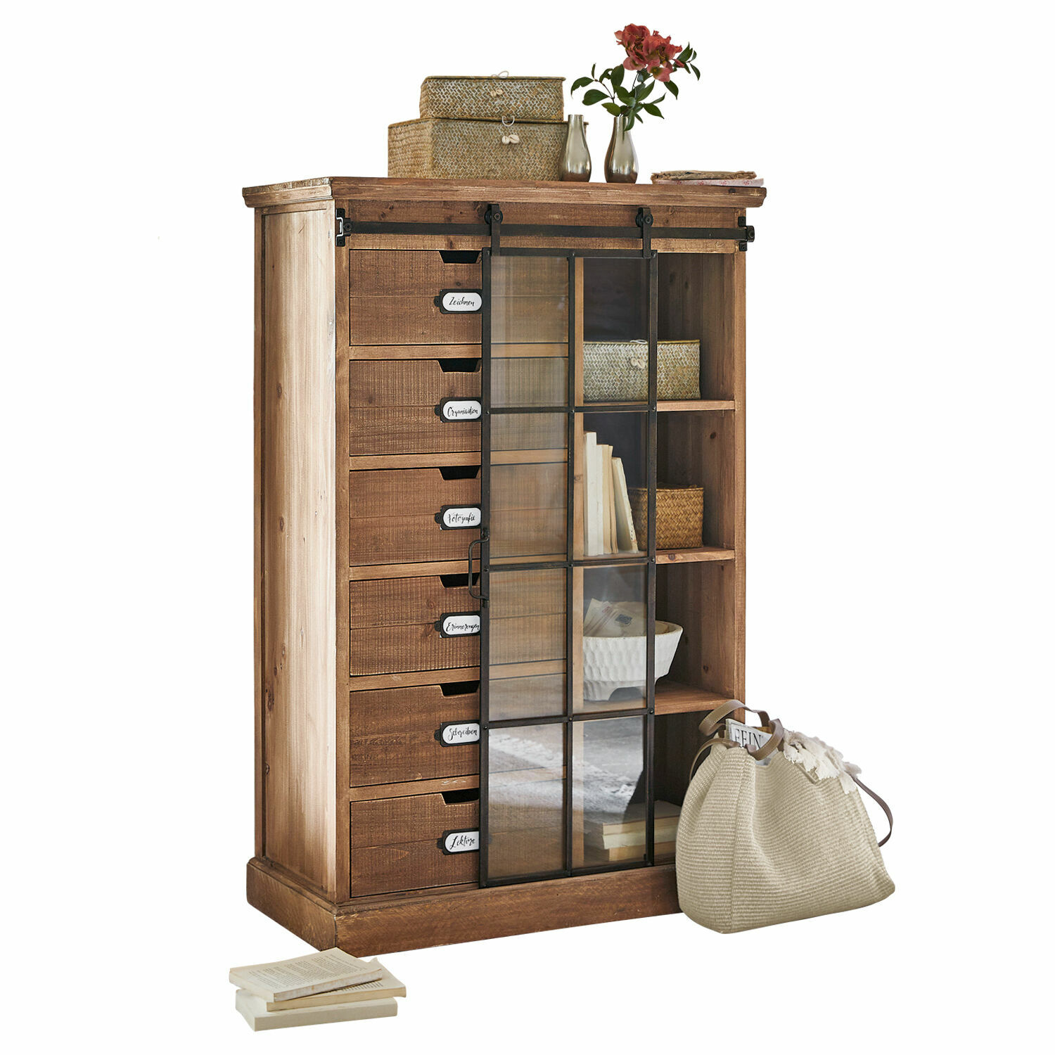 Commode Finegand Commode en bois naturel avec tiroirs et porte vitrée, meuble de rangement pratique et décoratif
