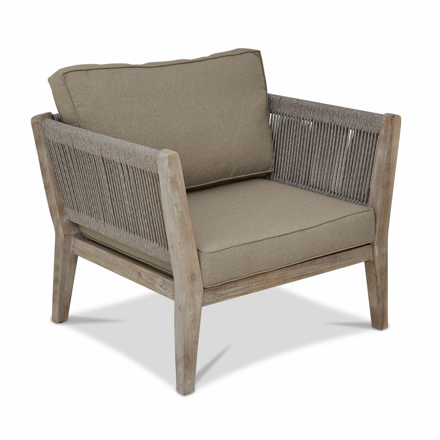 Fauteuil 100 % FSC® Biarritz Fauteuil en bois et tissu beige avec côtés tressés, meuble confortable pour salon moderne