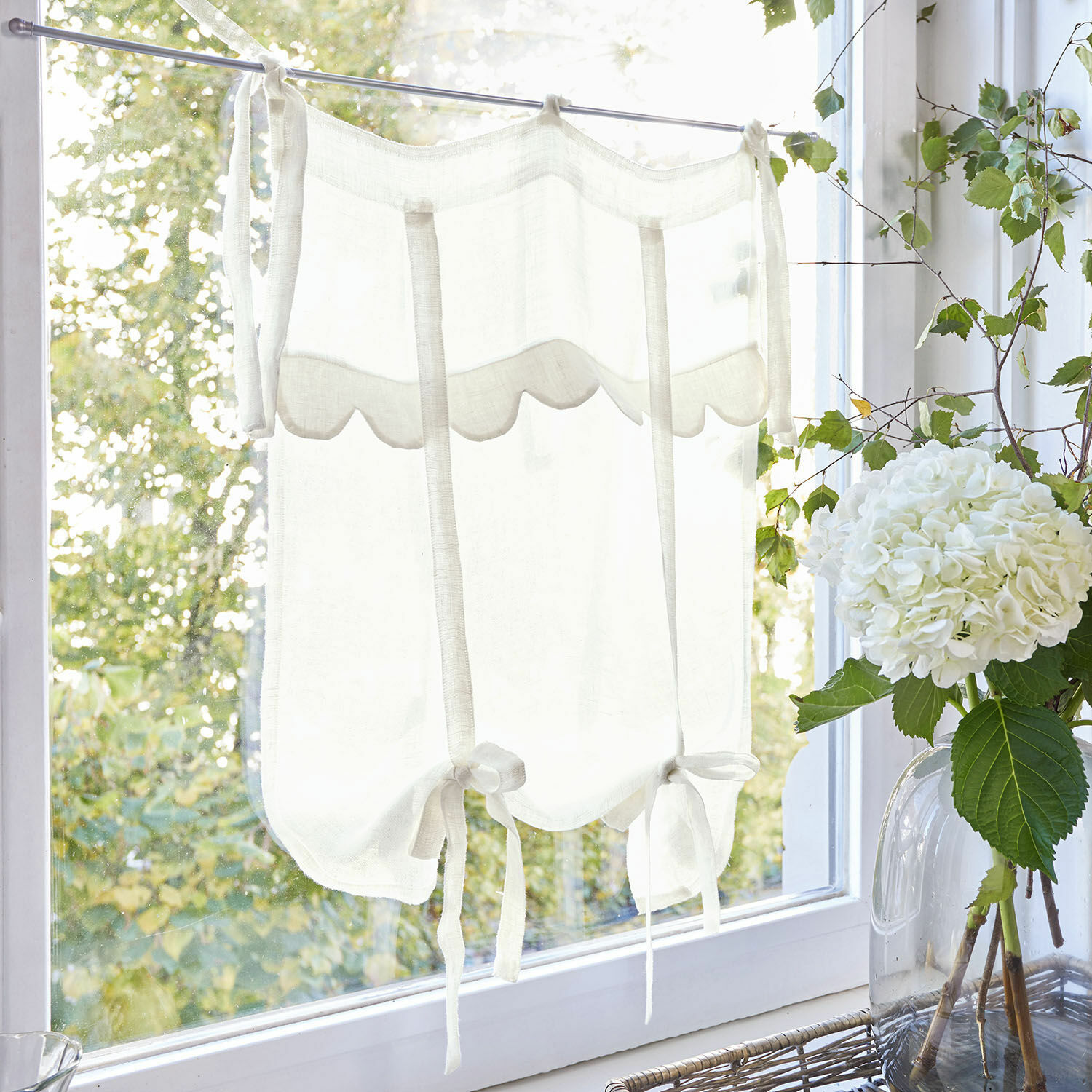 Brise-bise Fontienne Store blanc en lin avec liens, décoration de fenêtre en tissu naturel léger