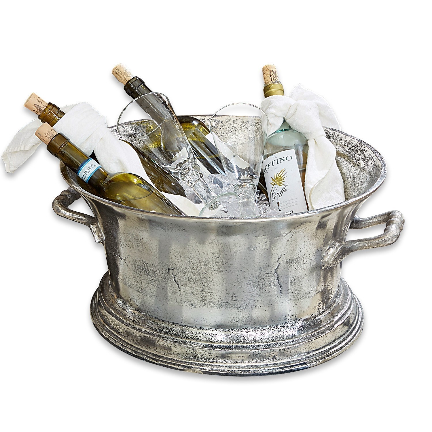 Seau à champagne Cerisé Seau à glace en métal argenté avec poignées, rempli de bouteilles de vin et verres sur glace