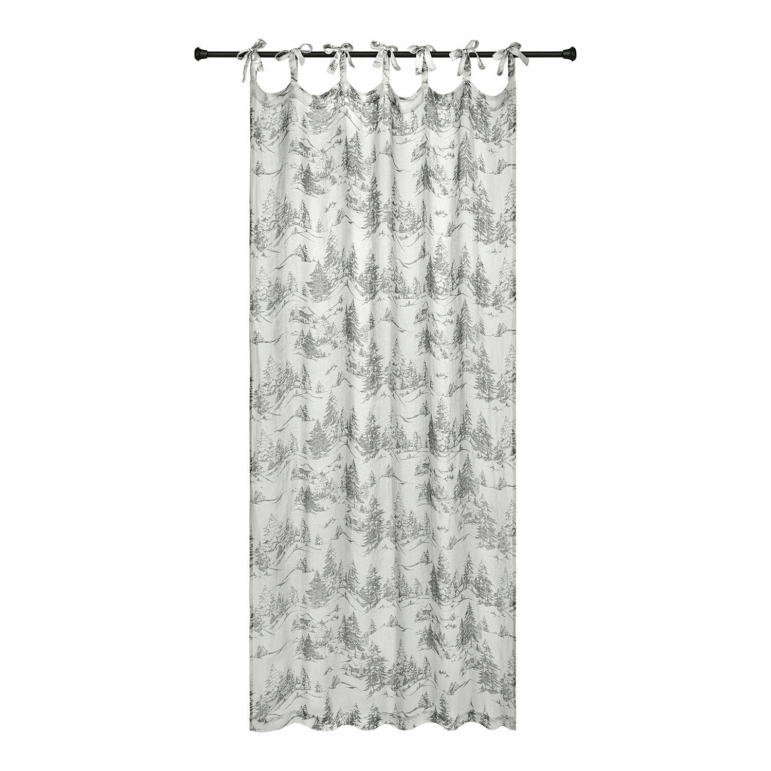 Gordijn Héroux Witte katoenen gordijn met grijze print van bomen en bergen, decoratieve stof voor interieur