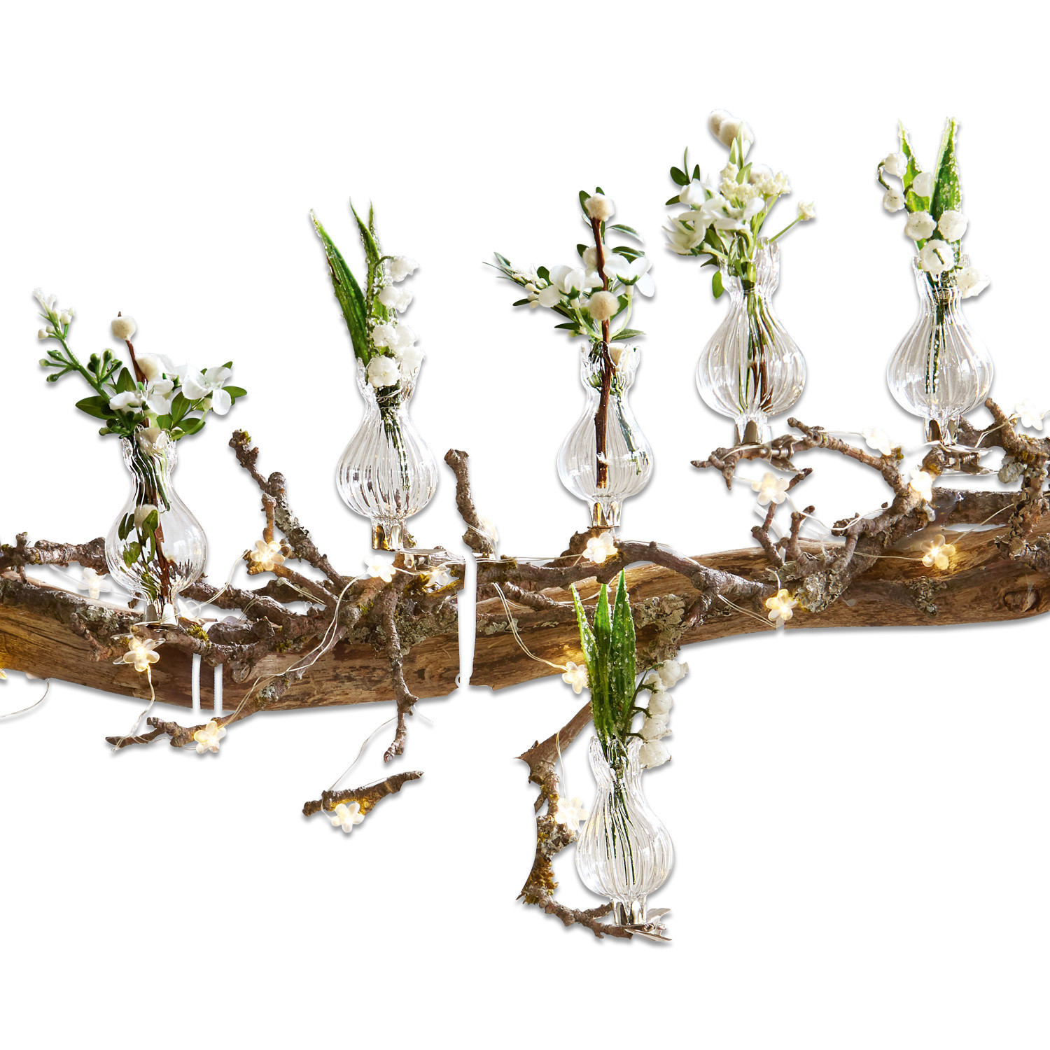 Vaasje set van 6 Josephine Glazen vaasjes met witte bloemen op tak met decoratieve LED-verlichting in natuurlijke stijl