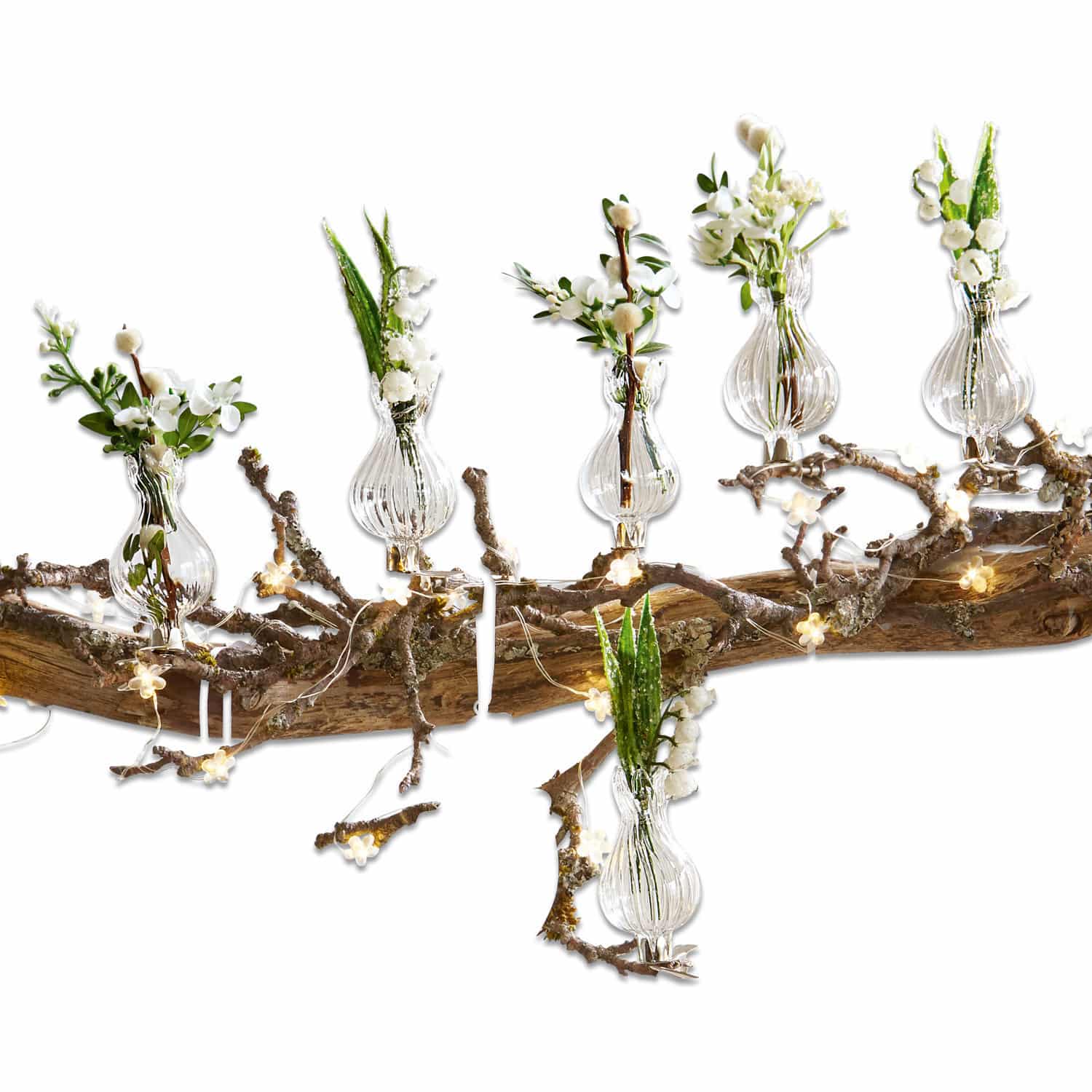 Lot de 6 vases Josephine Vases en verre avec fleurs blanches sur branche décorative avec éclairage LED pour décoration naturelle