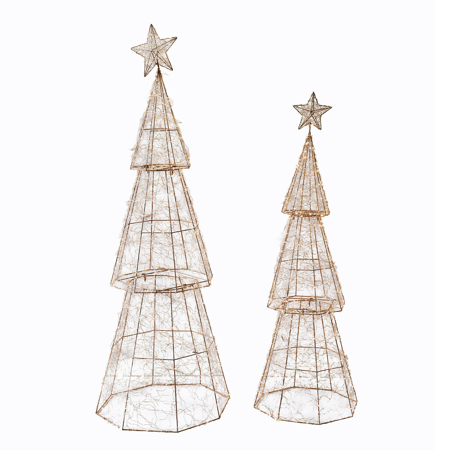 Ledboom set van 2 Chantorin Draad kerstbomen met gouden sterren en LED-verlichting, feestelijke decoratie voor thuis