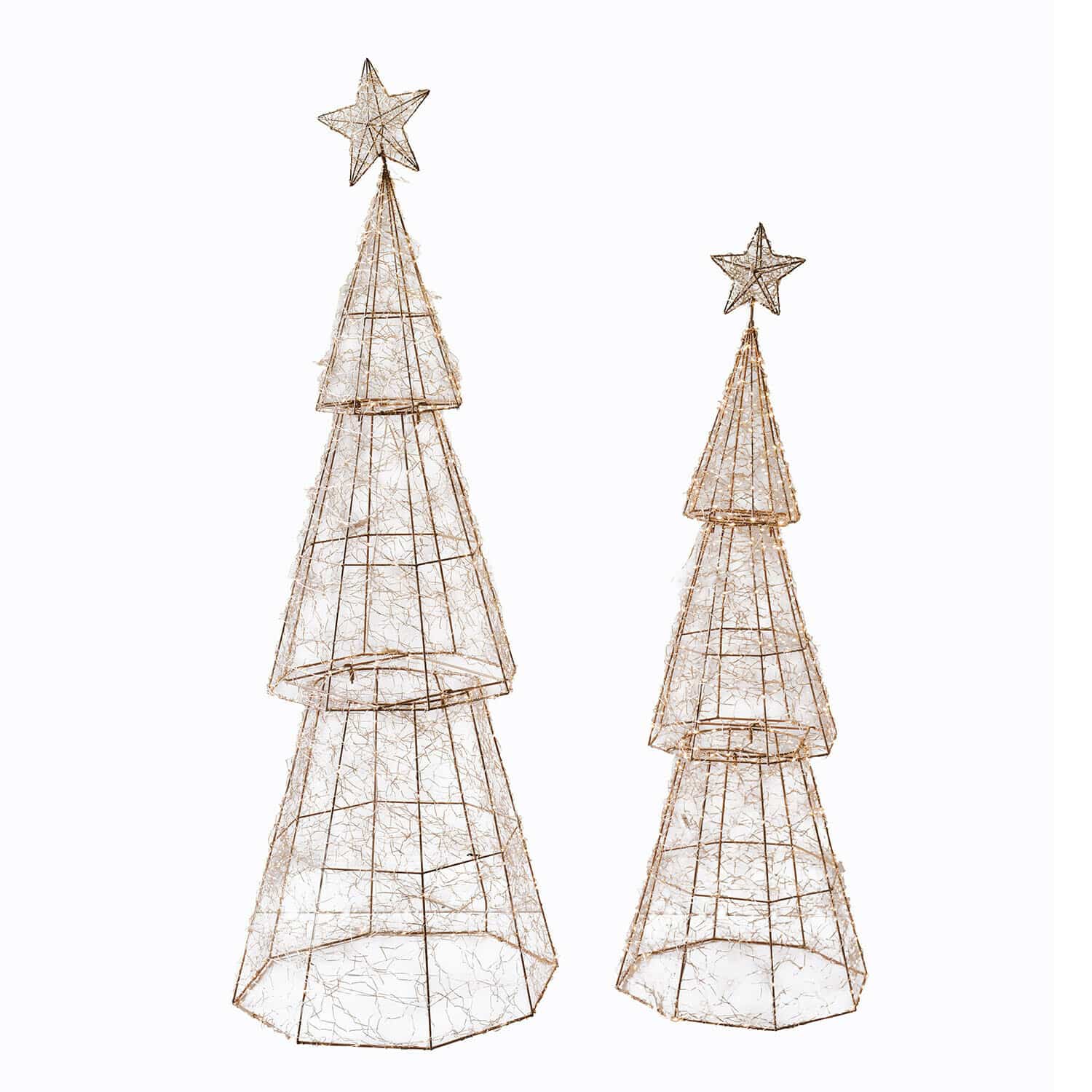 Ledboom set van 2 Chantorin Draad kerstbomen met gouden sterren en LED-verlichting, feestelijke decoratie voor thuis
