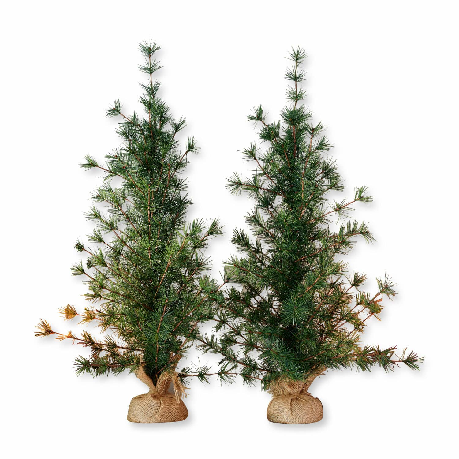 Lot de 2 sapins décoratifs Bohicon Deux petits sapins artificiels verts avec base en toile de jute, décoration de Noël naturelle