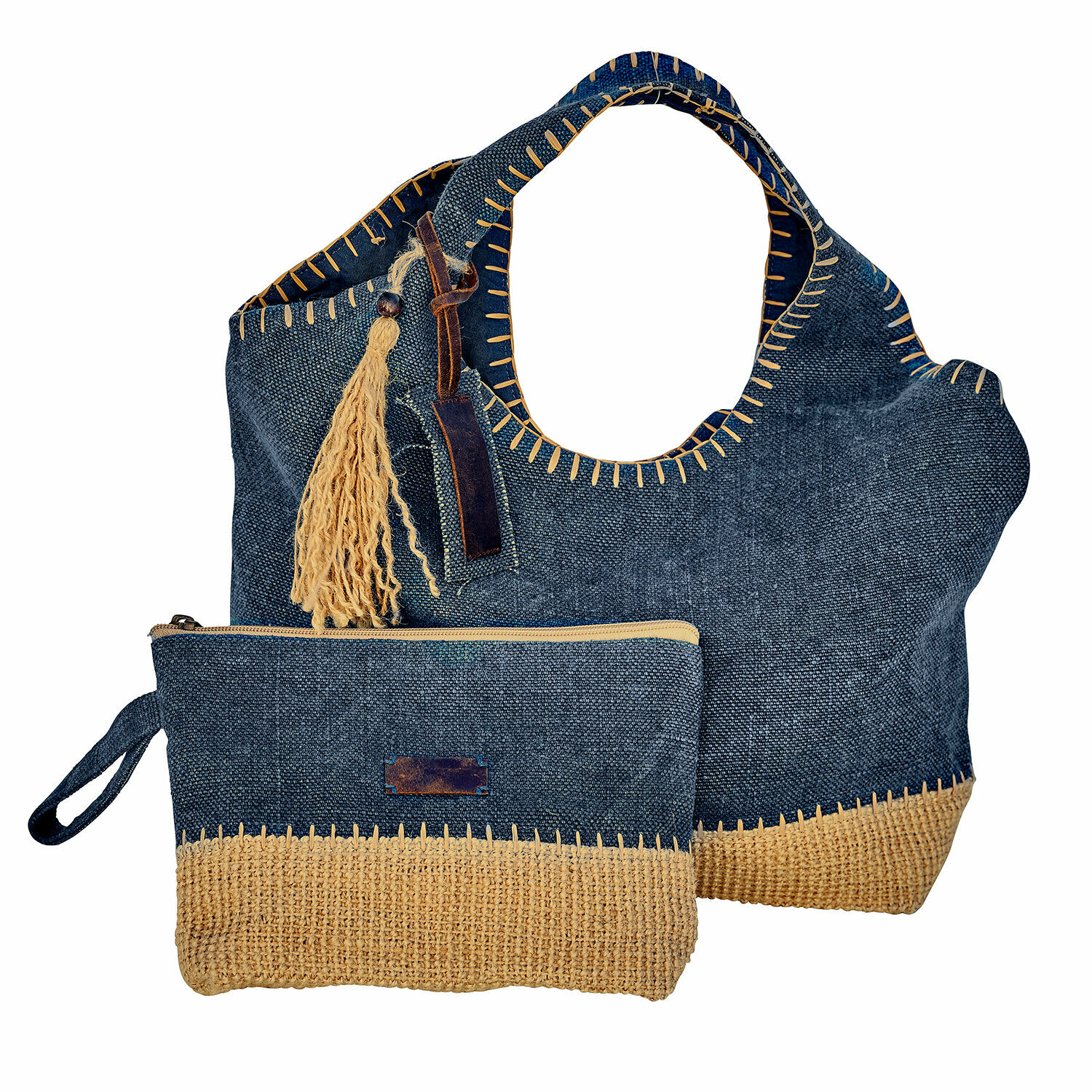 Tas set van 2 Cacula Donkerblauwe tas en make-uptasje van stof en stro met decoratieve kwast, boho stijl accessoires