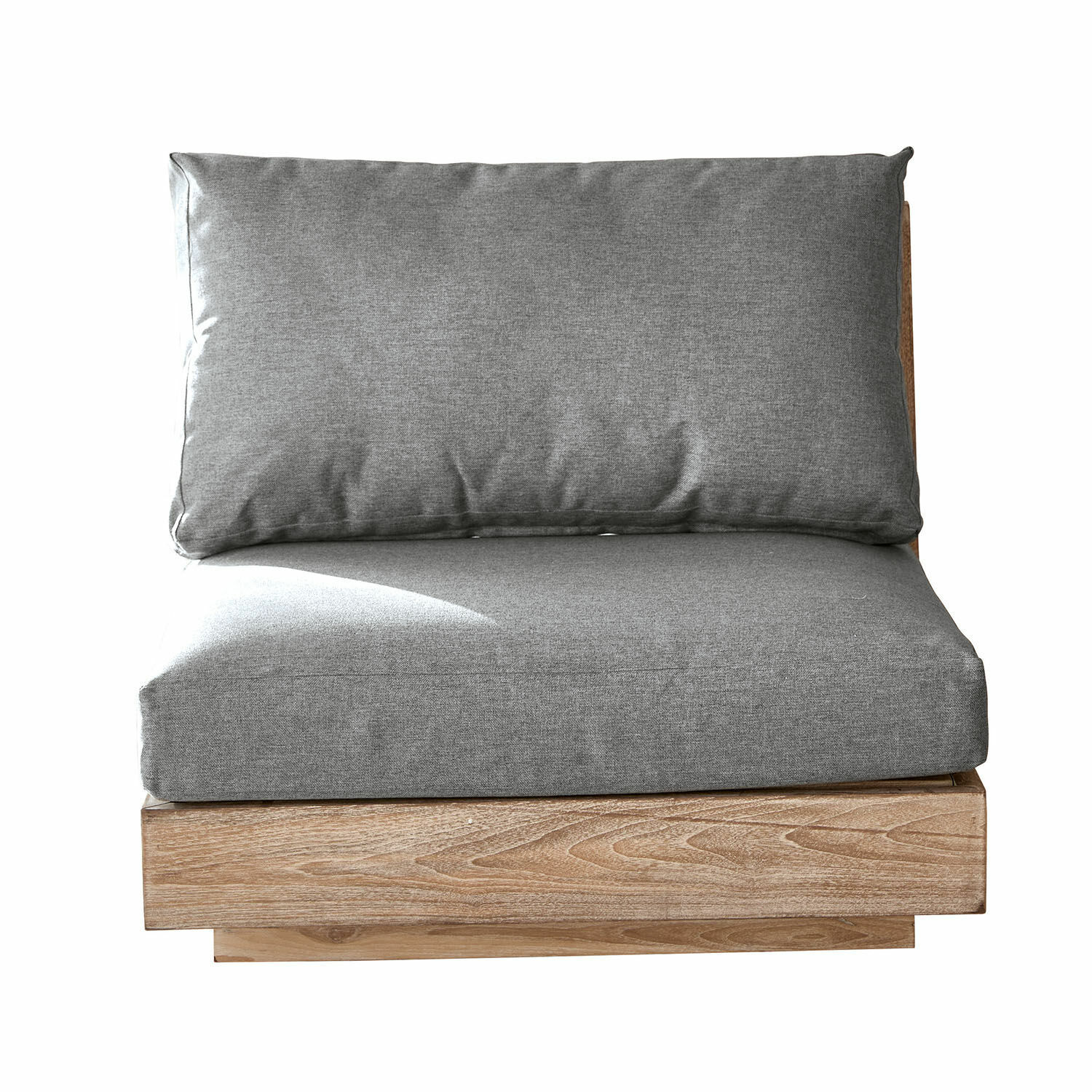 Grijs sofa-element met kussen op natuurlijke houten basis voor moderne woonkamer