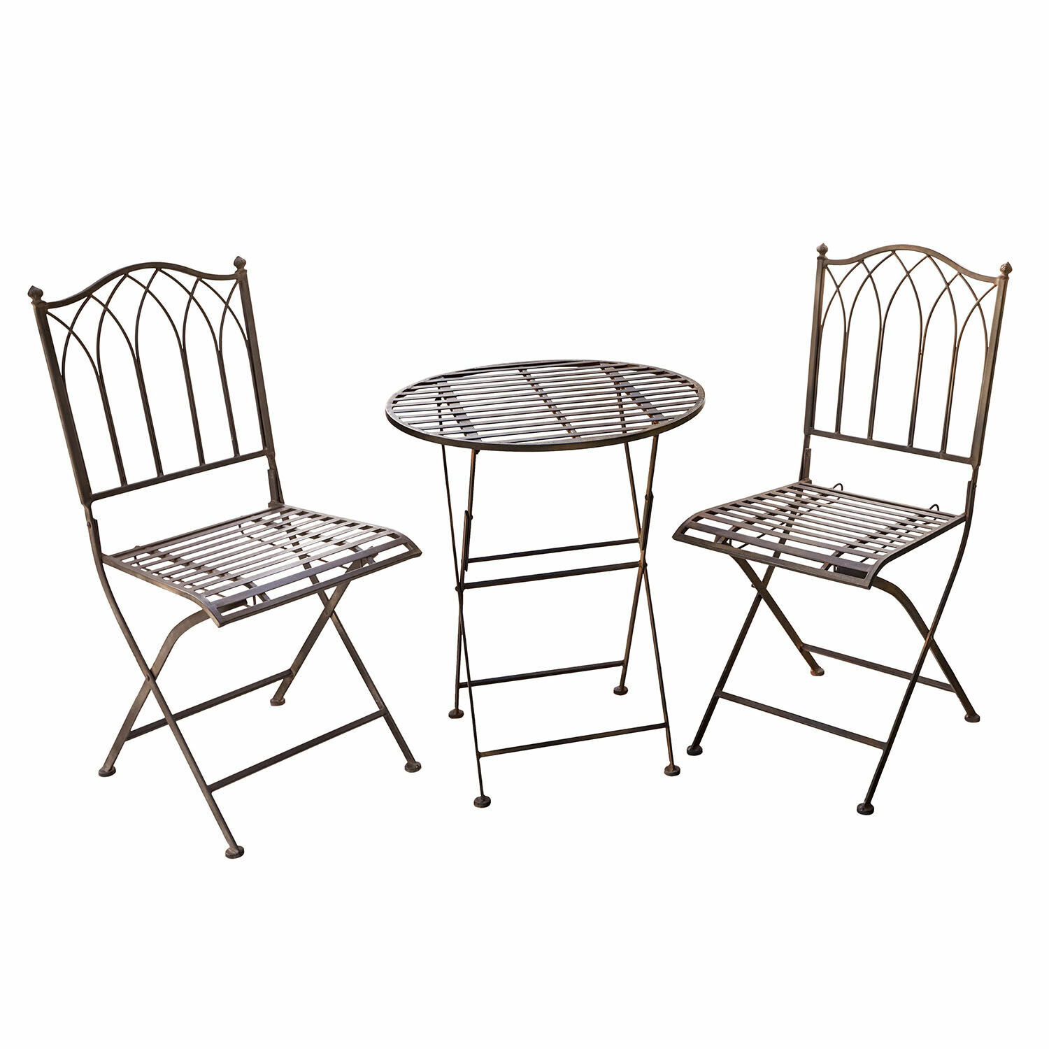 Table et chaises Brignoles Ensemble de mobilier de jardin en métal brun avec table pliante ronde et deux chaises
