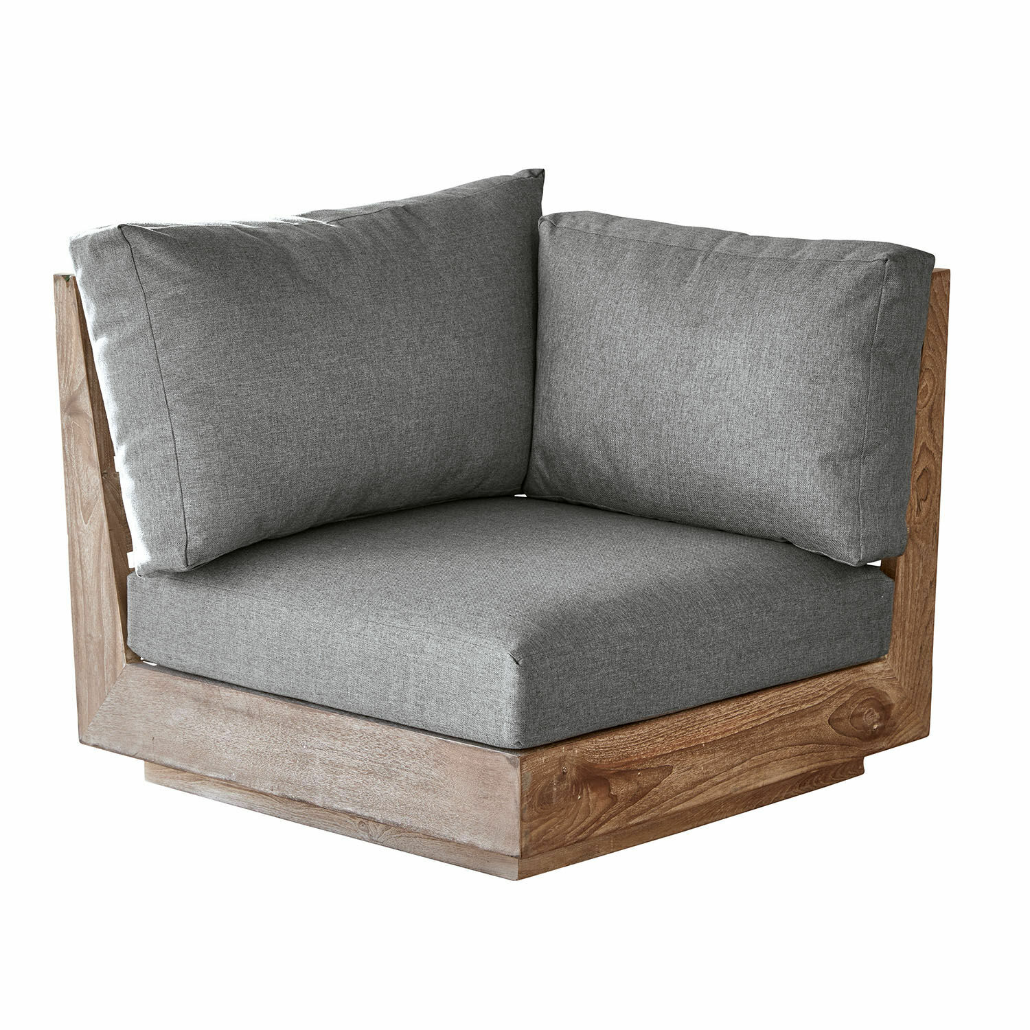 Hoekelement van bank met grijze kussens en bruine houten frame, comfortabele zitmeubel