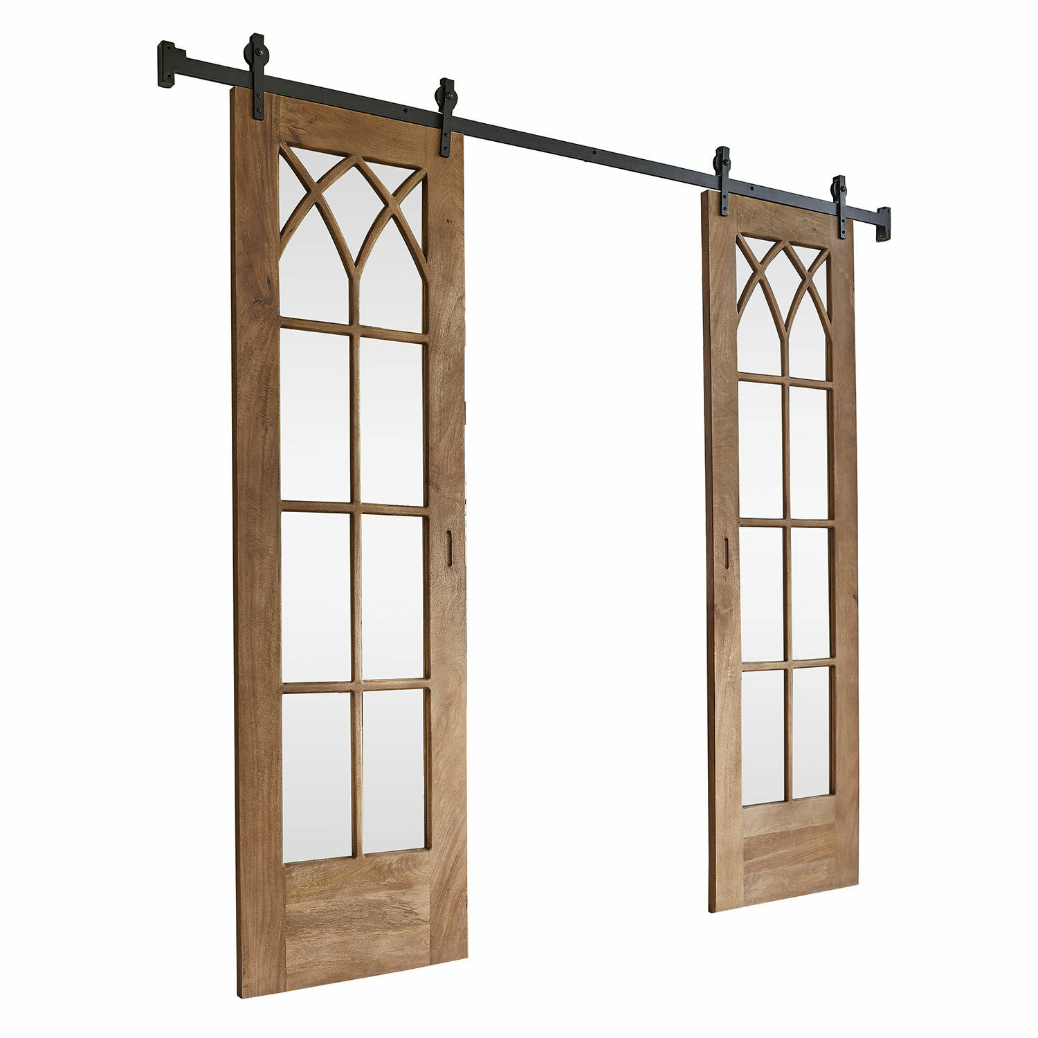 Double porte coulissante Quilly-sur-Marne Portes coulissantes en bois naturel avec vitres décoratives et rail métallique noir