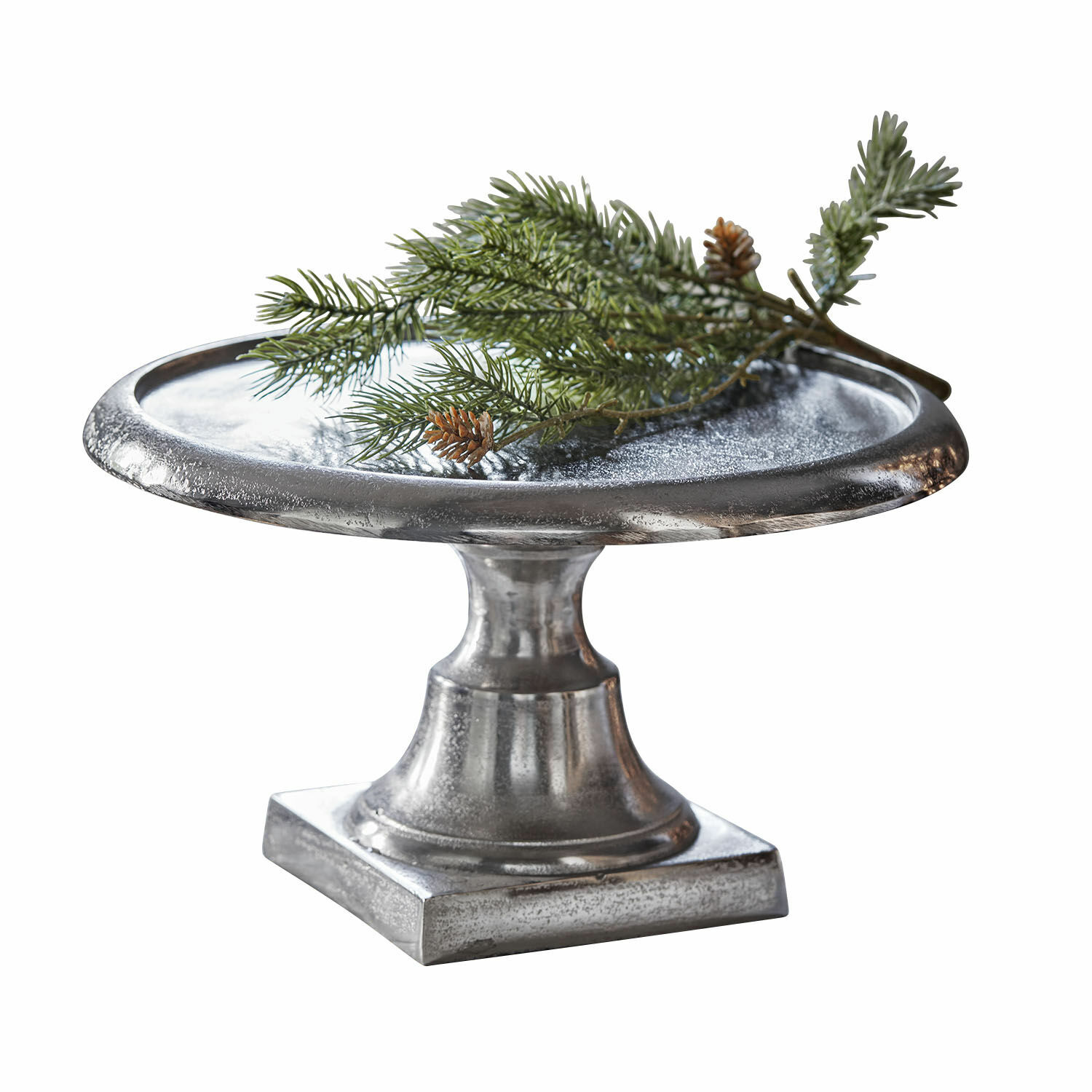 Etagère Maelora Zilverkleurige metalen schaal op voet met dennenappeldecoratie, stijlvolle woonaccessoire