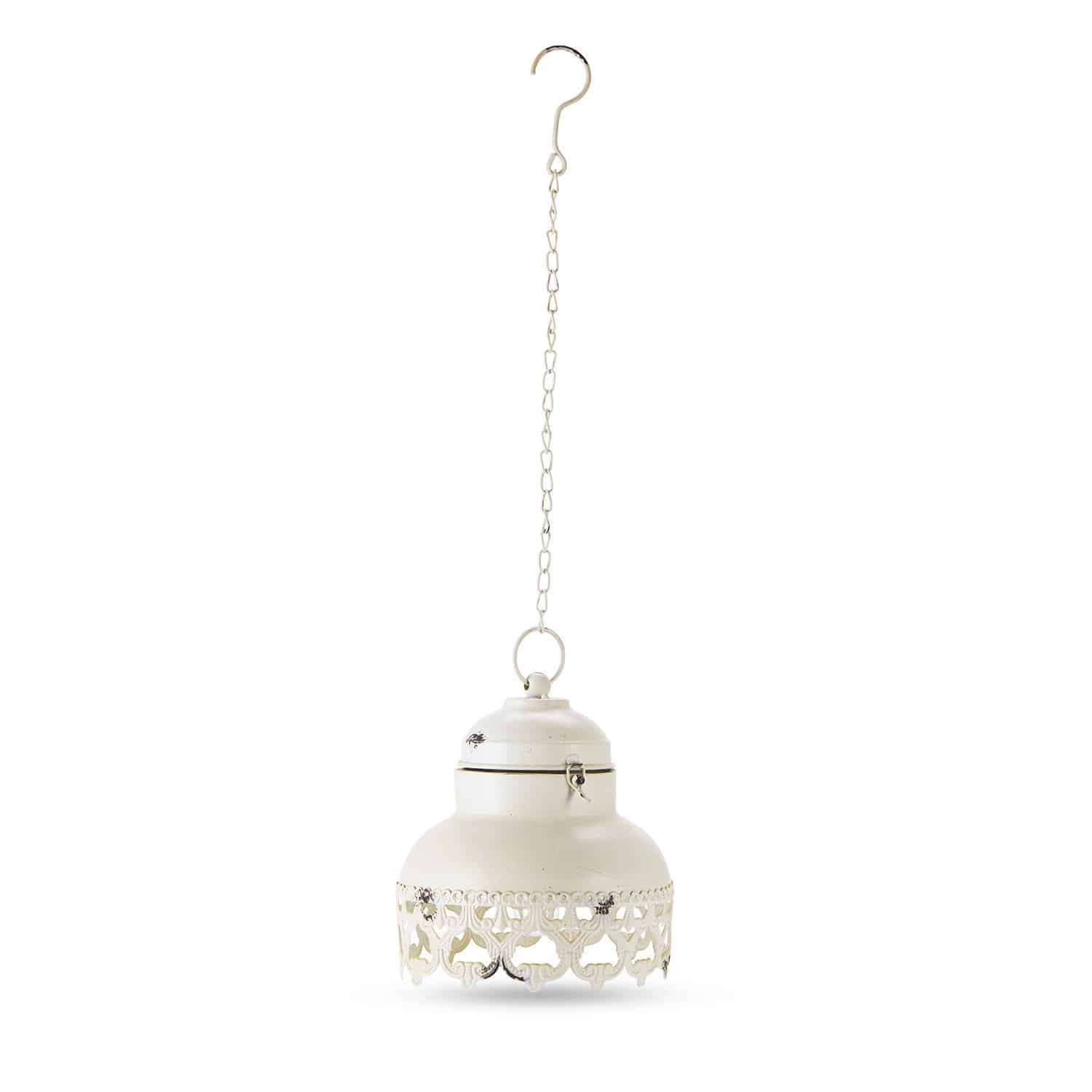 Antiekwitte metalen LED-lantaarn Cornell met decoratief opengewerkt patroon en ophangketting