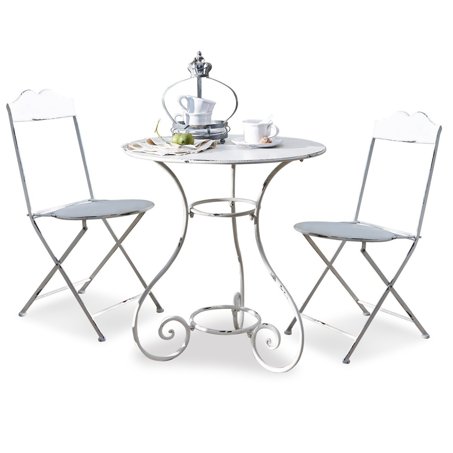 Ensemble table et chaises Iteuil Table ronde en métal blanc avec deux chaises pliantes assorties style vintage pour jardin