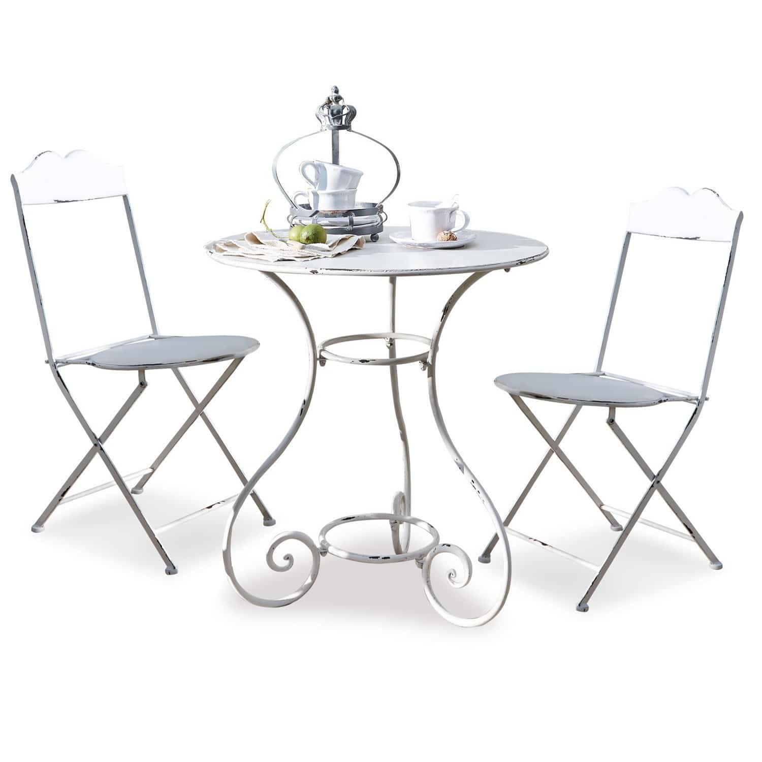 Ensemble table et chaises Iteuil Table ronde en métal blanc avec deux chaises pliantes assorties style vintage pour jardin
