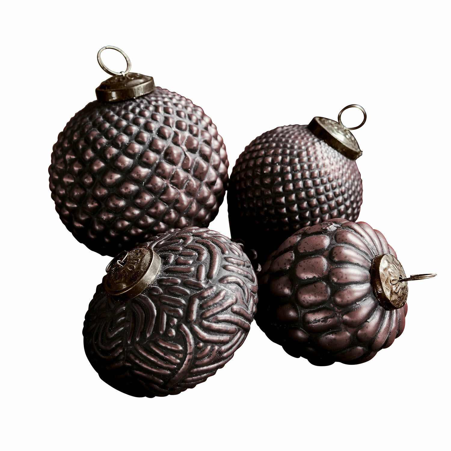 paars Set van 4 paarse kerstballen met textuur, metalen en glazen kerstboomversiering