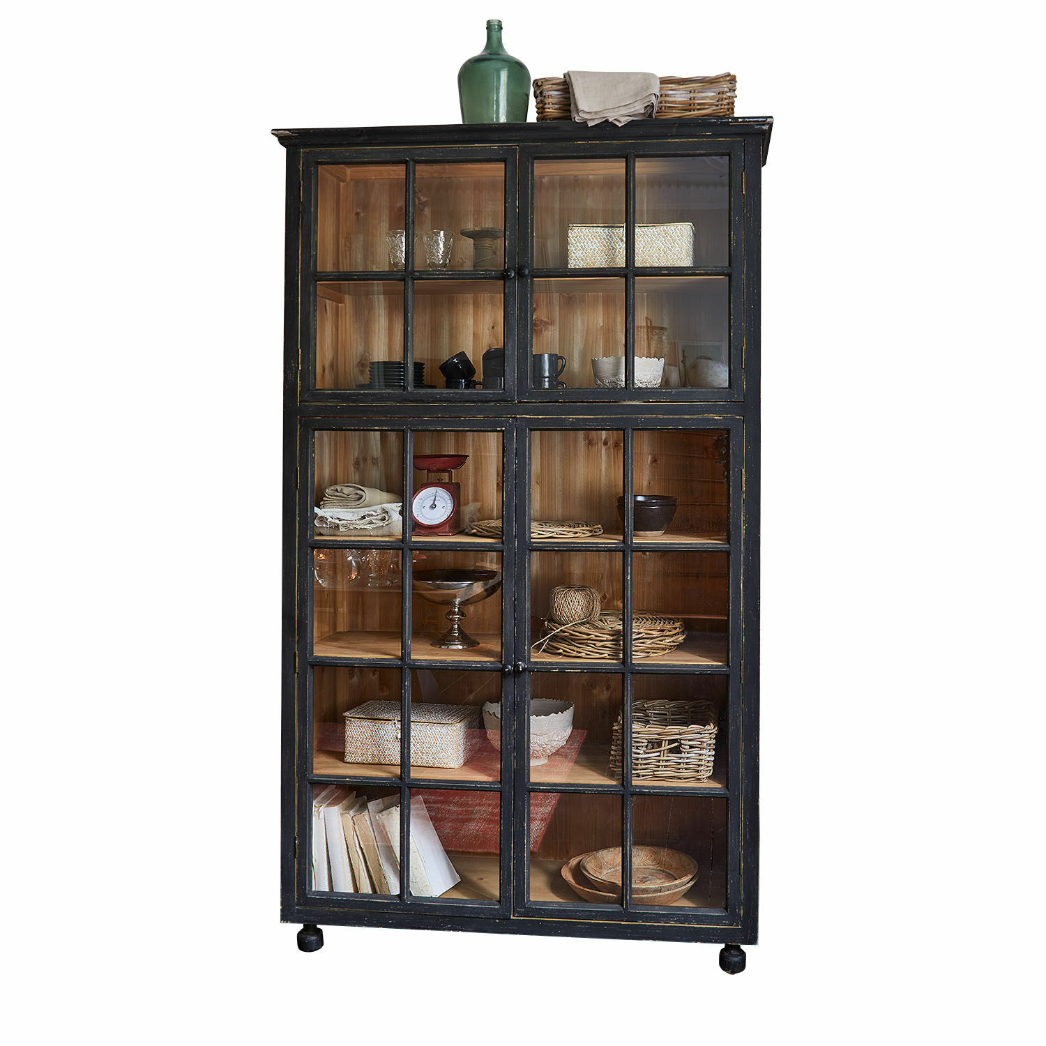 Vaisselier Bellac Vitrine en bois noir avec portes vitrées et intérieur naturel, meuble de rangement élégant