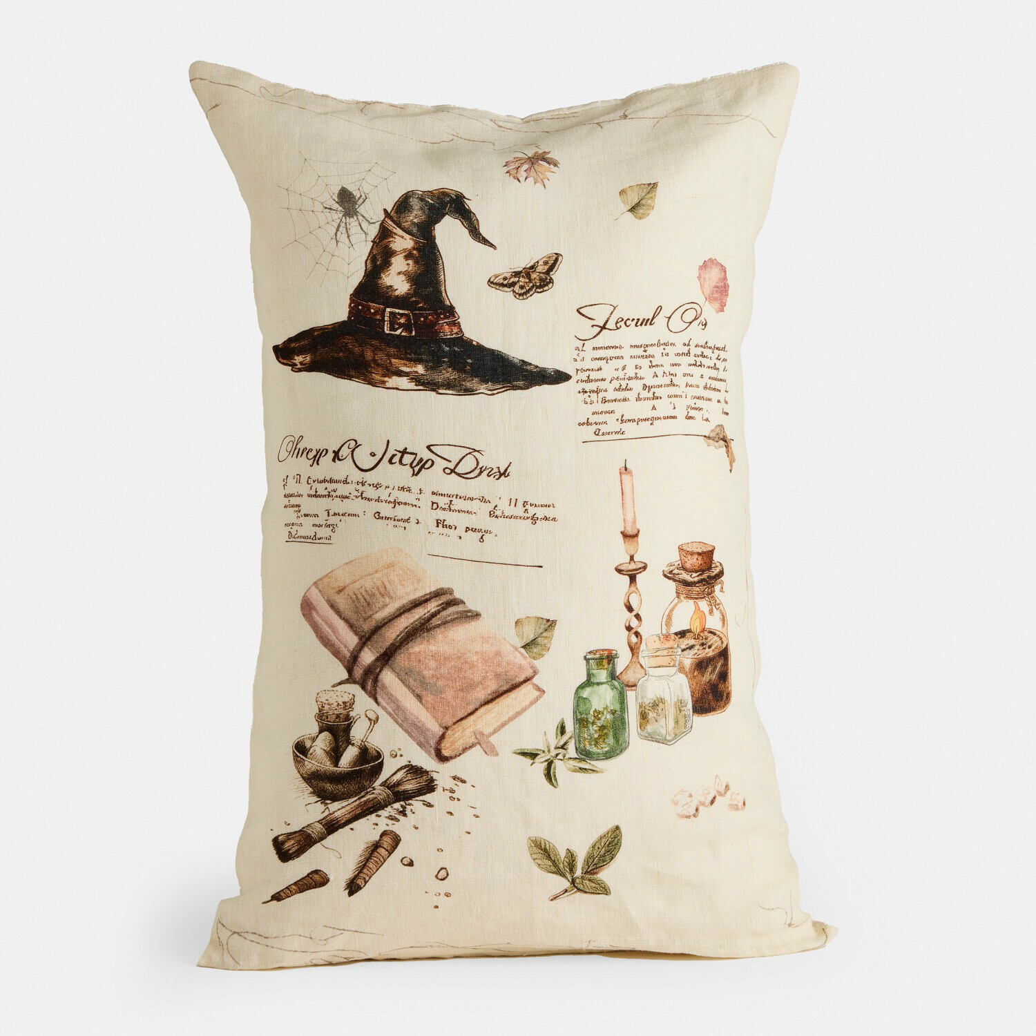Housse de coussin Maerlinna Housse de coussin en lin beige avec imprimé chapeau noir et bouteilles d'apothicaire vintage