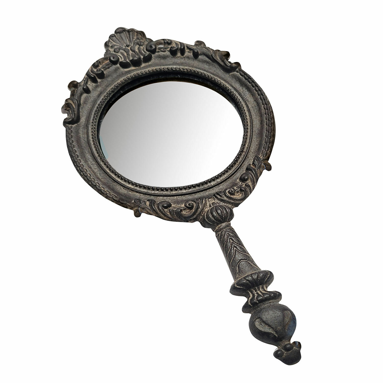 Miroir à main gris antique en métal orné, idéal pour décoration et maquillage