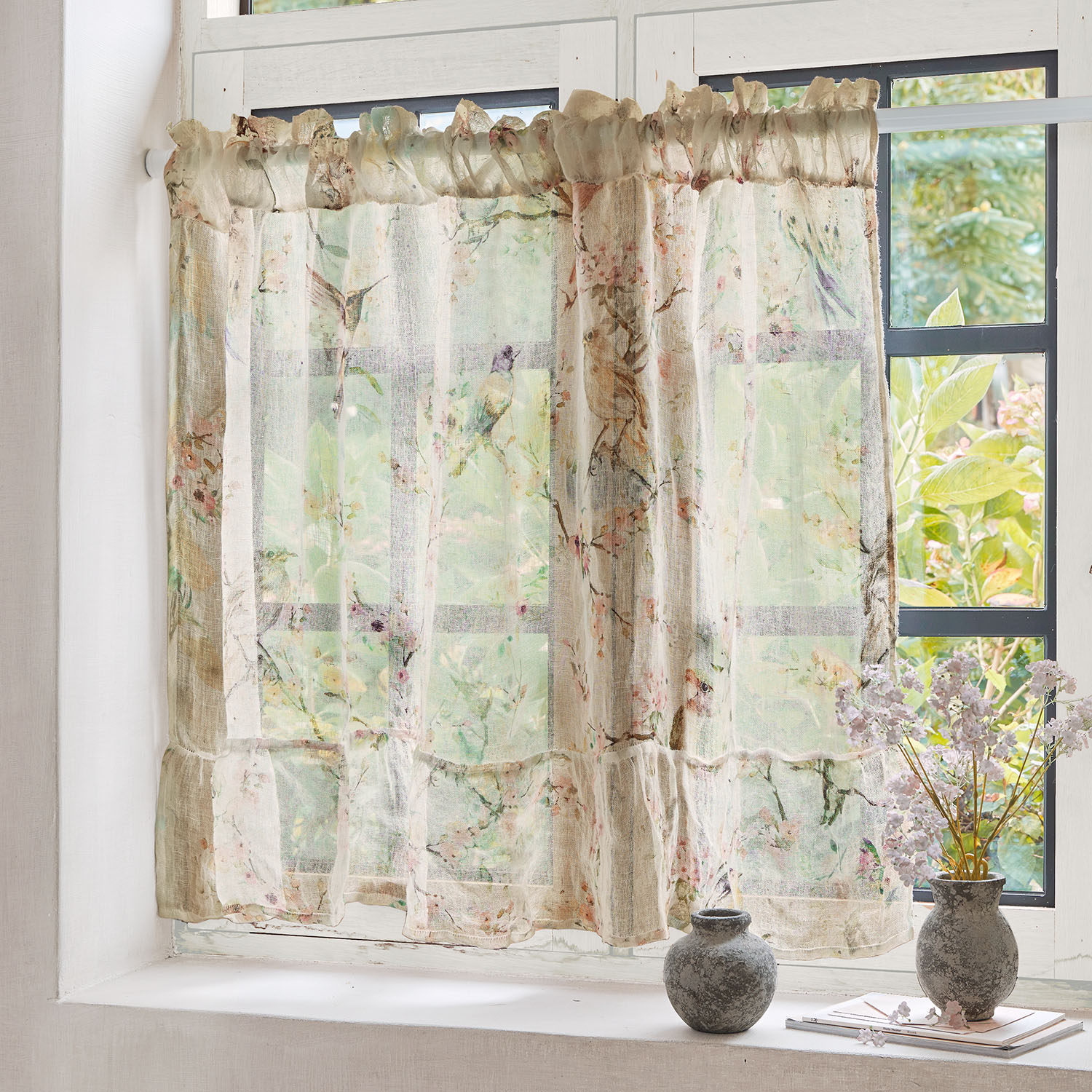 Rideau transparent en tissu léger beige avec motif floral et oiseaux pour décoration de fenêtre