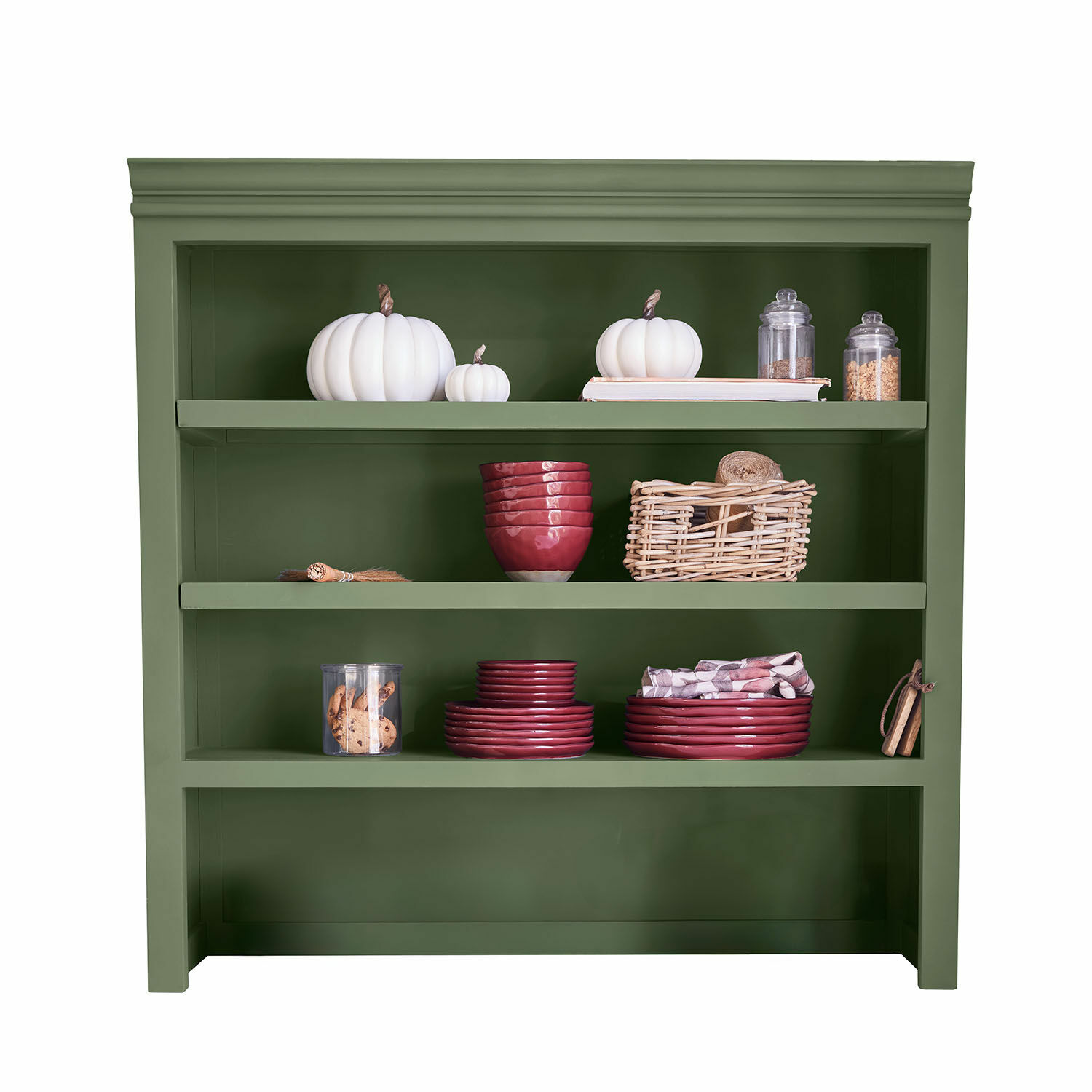 Étagère de cuisine haute Lansbury Étagère en bois verte avec citrouilles blanches décoratives et vaisselle en céramique rouge
