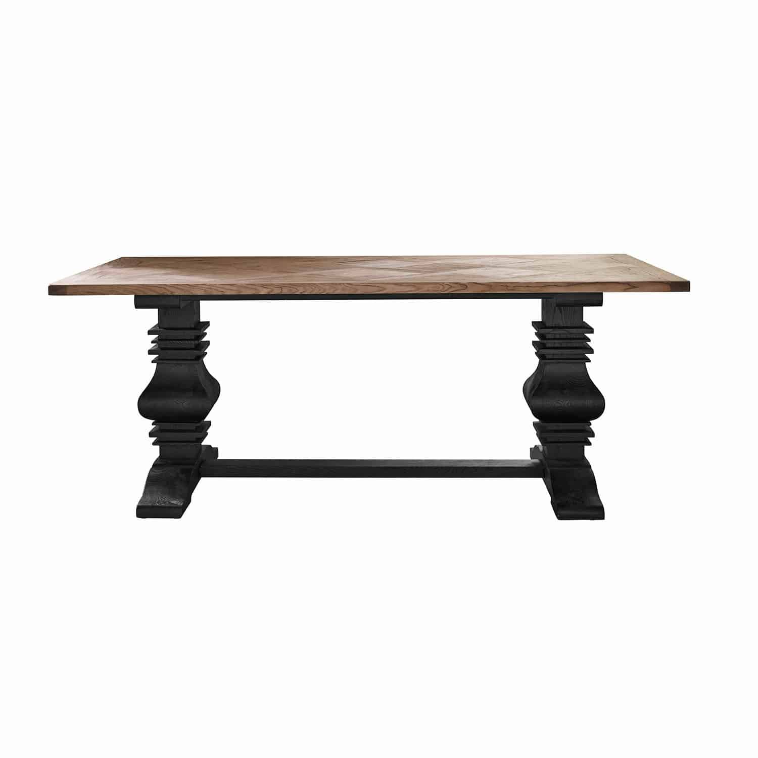 Table Quillancourt Table en bois massif avec plateau clair et pieds sculptés noirs, meuble de salle à manger