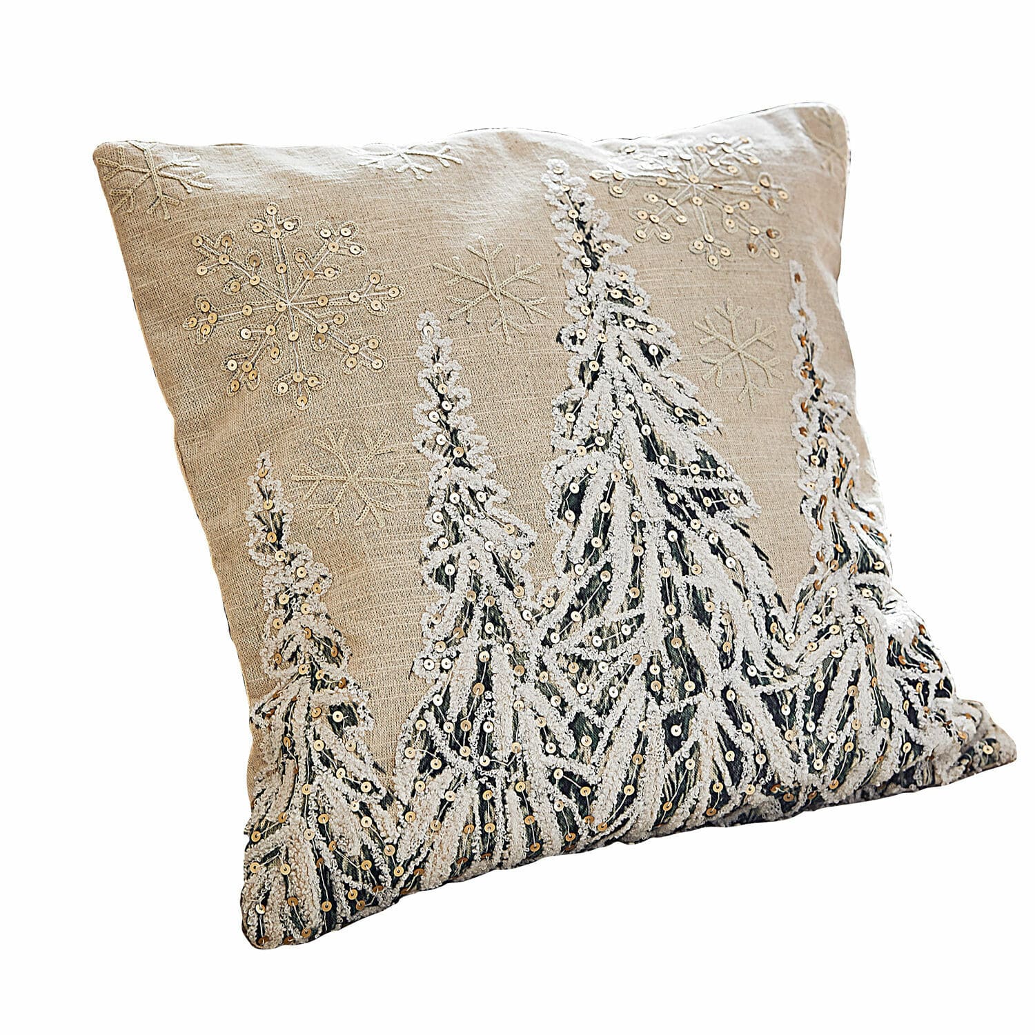 Housse de coussin Cartagne Coussin beige en lin avec broderies de flocons et sapins pailletés, décoration hivernale