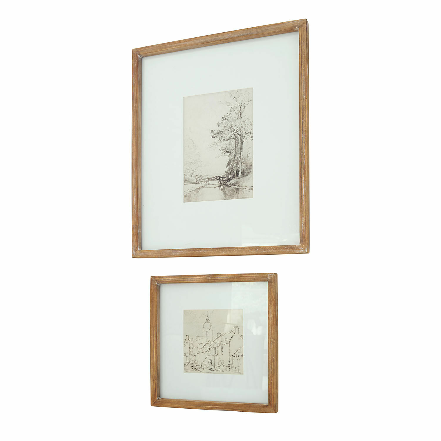 Afbeelding set van 2 Juvarel Twee houten lijsten met witte passe-partout en vintage landschapschetsen voor wanddecoratie