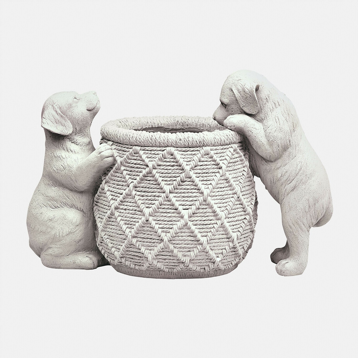Cache-pot décoratif en résine blanche avec deux chiots sculptés tenant un panier à motif tressé