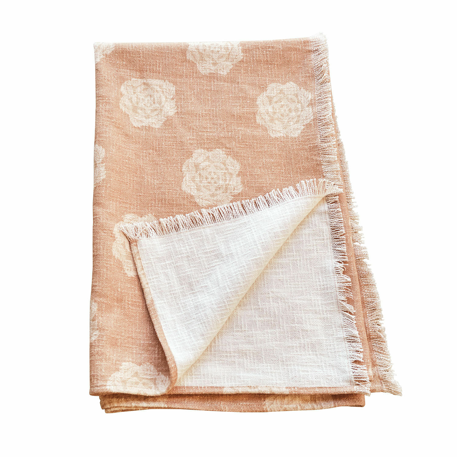Plaid Belvienne Beige linnen tafelkleed met wit bloemenpatroon en franjes, stijlvolle tafeldecoratie