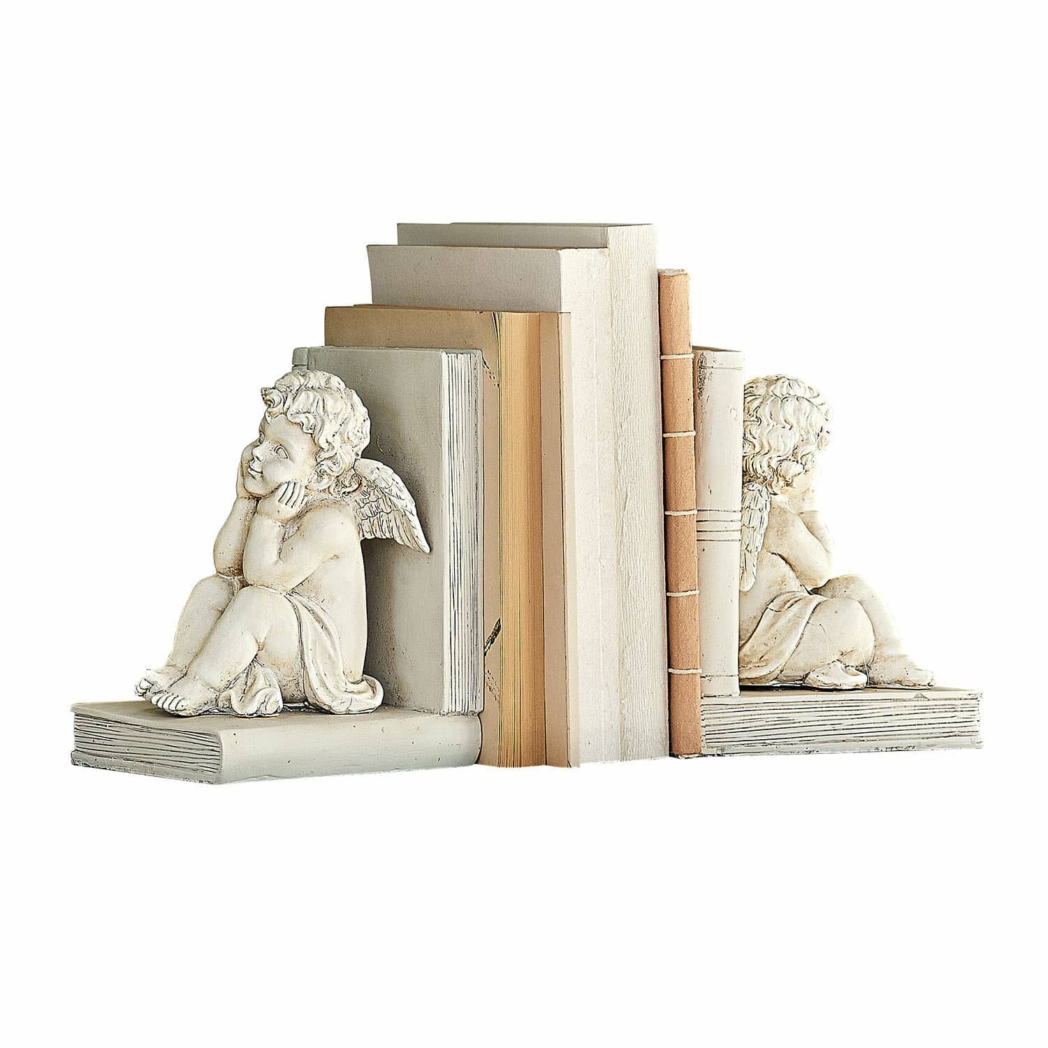 Boekensteun set van 2 Yrene Witte stenen boekensteunen met engelen, decoratief en praktisch voor het organiseren van boeken