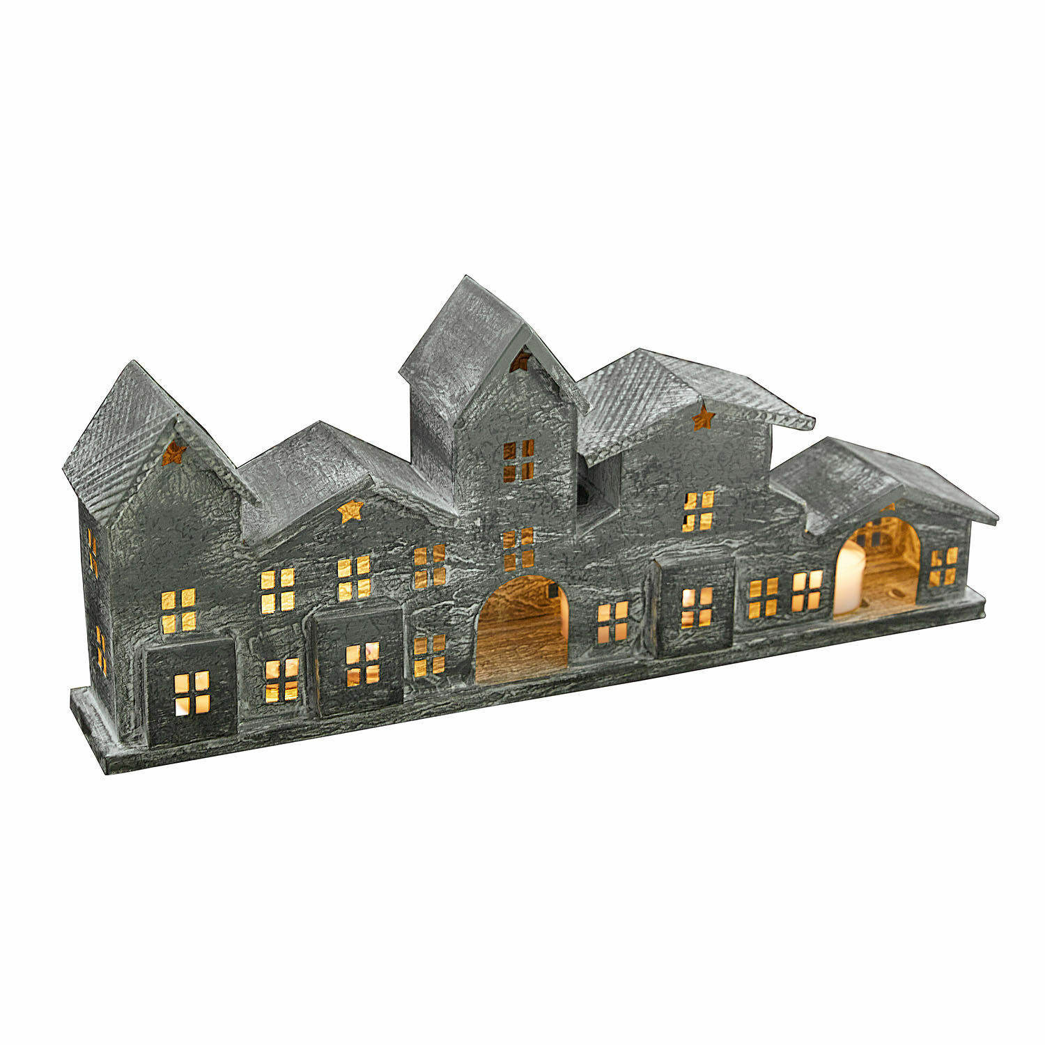 Photophore Terivan Maison décorative en métal gris avec éclairage LED, décoration lumineuse pour intérieur festif