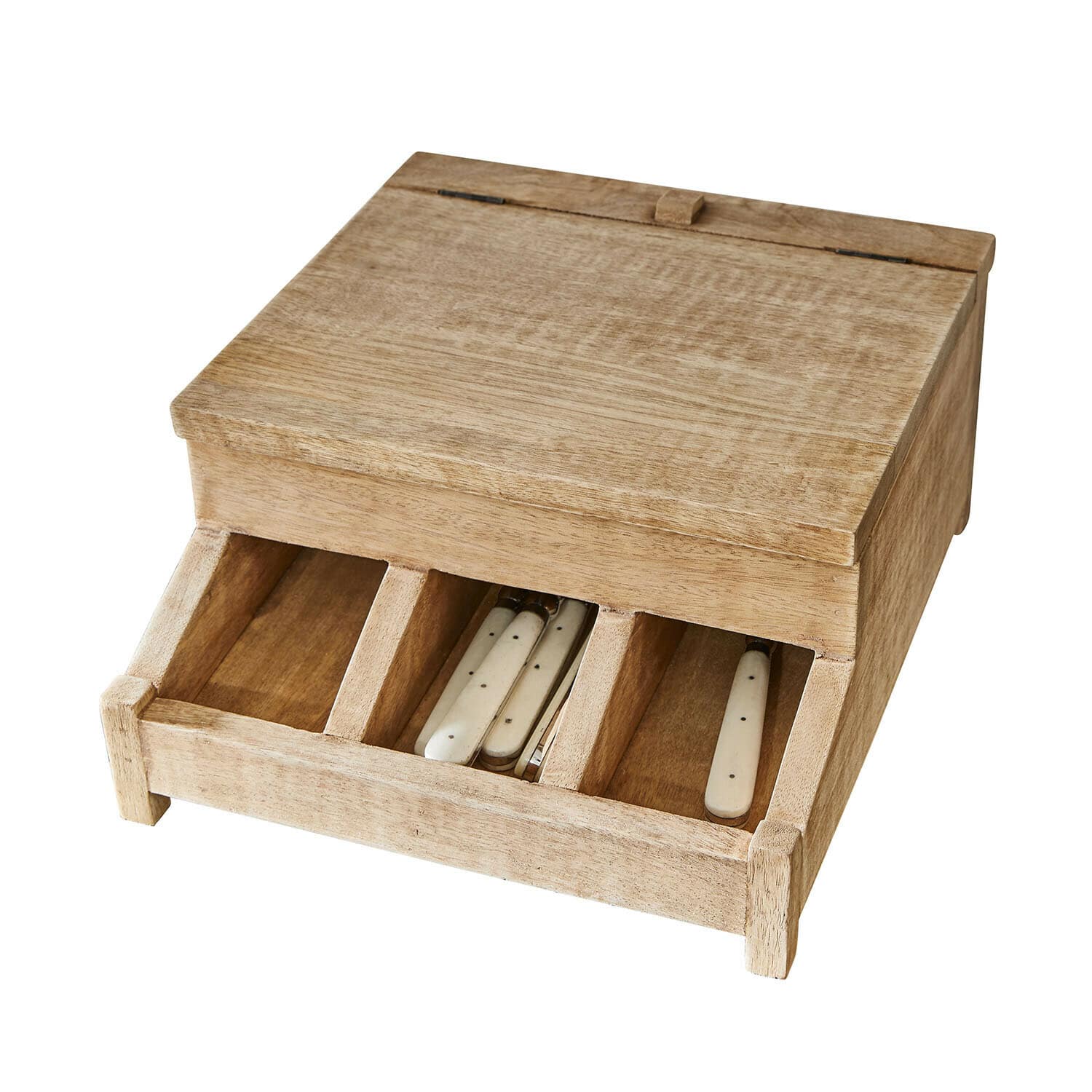 Rangement Maruva Boîte en bois naturel avec trois compartiments et couteaux à manches blanches, rangement pratique