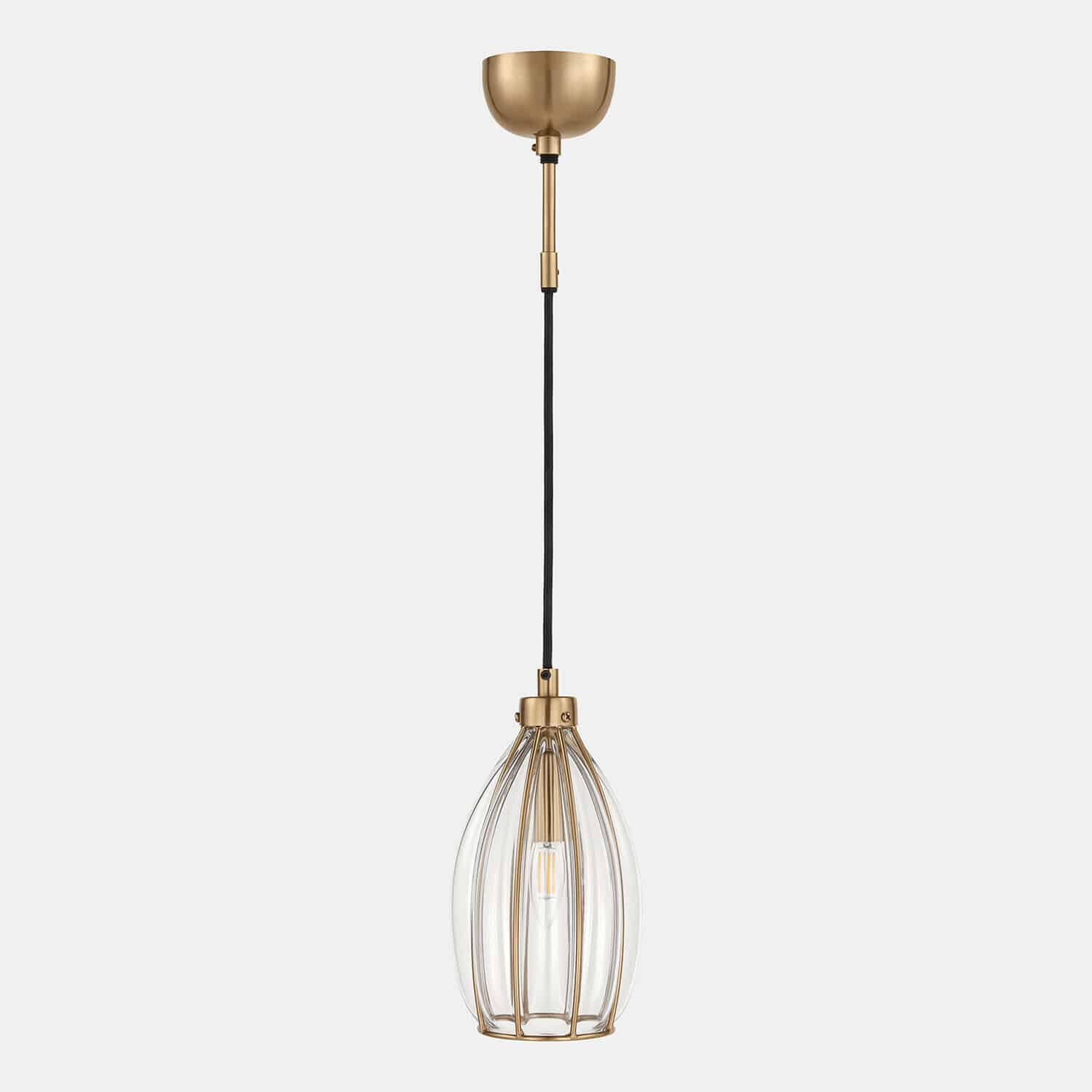 Hanglamp Velunas Gouden hanglamp van metaal met kooi en helder glas, moderne plafondverlichting