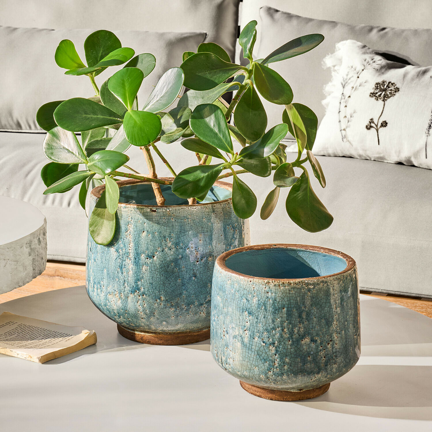 Sierpot set van 2 Mavoreta Twee blauwe keramische potten met craquelé, één met groene plant, op witte tafel in woonkamer