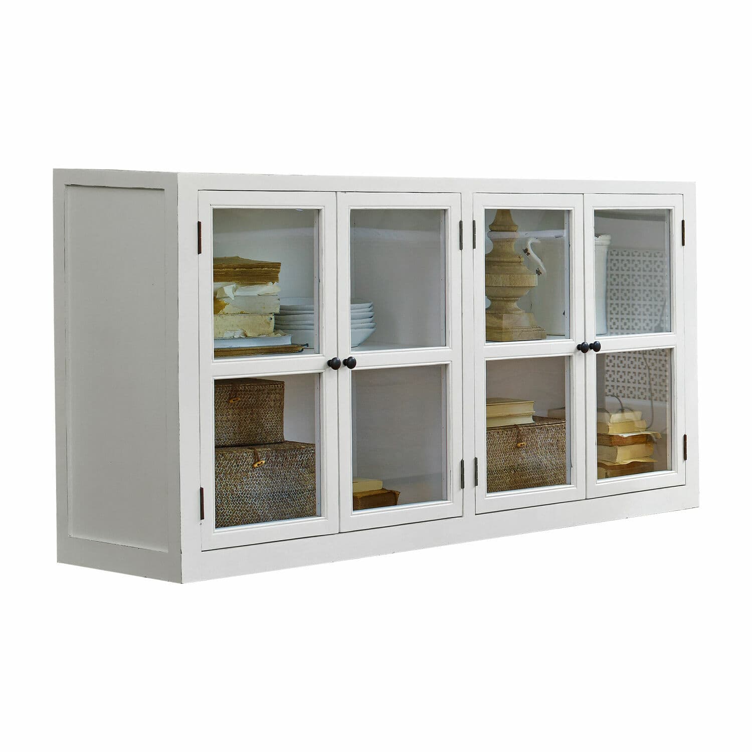 Buffet bas en bois blanc avec portes vitrées pour rangement dans le salon