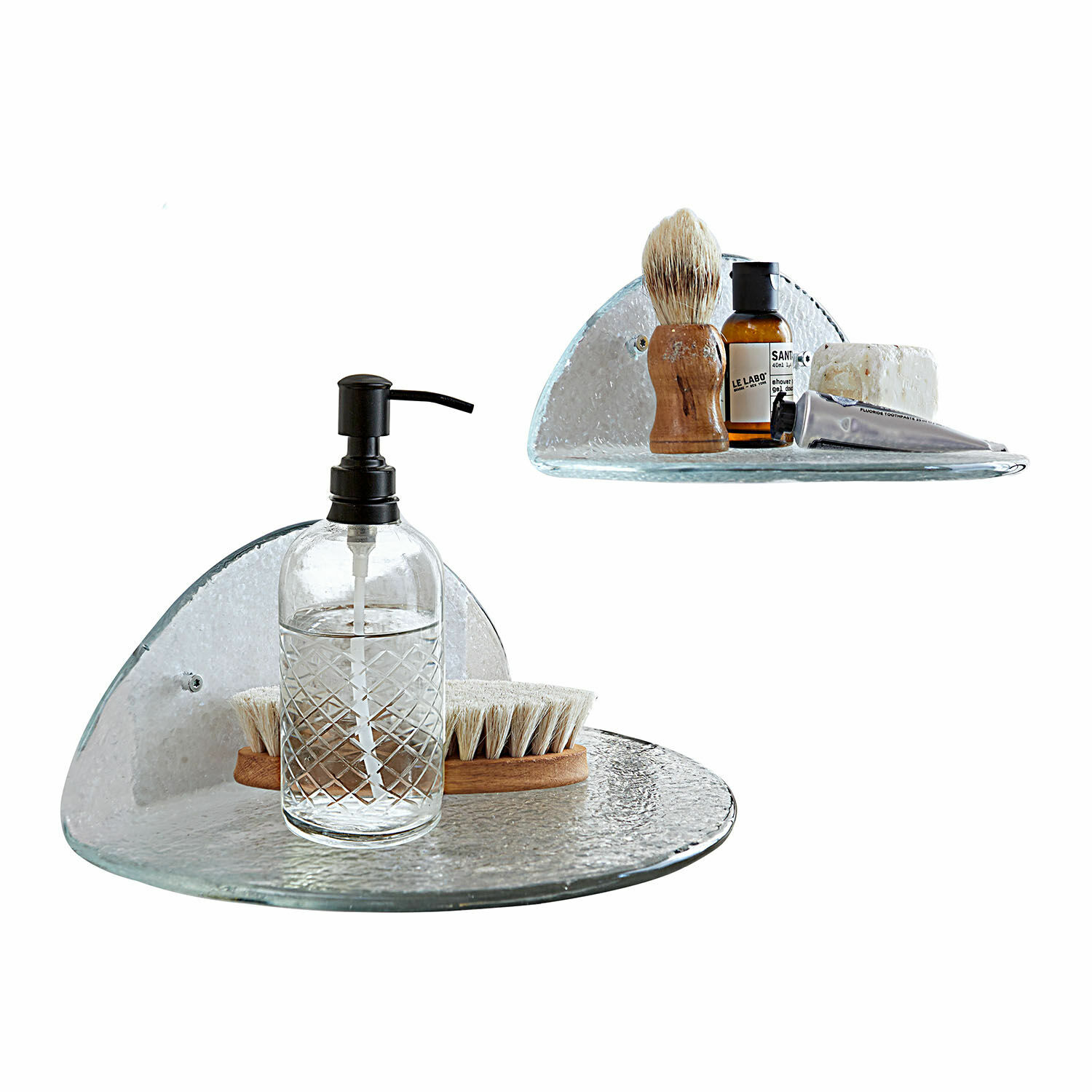 Lot de 2 étagères murales Elysande Étagère de salle de bain en verre transparent avec distributeur et brosse de nettoyage