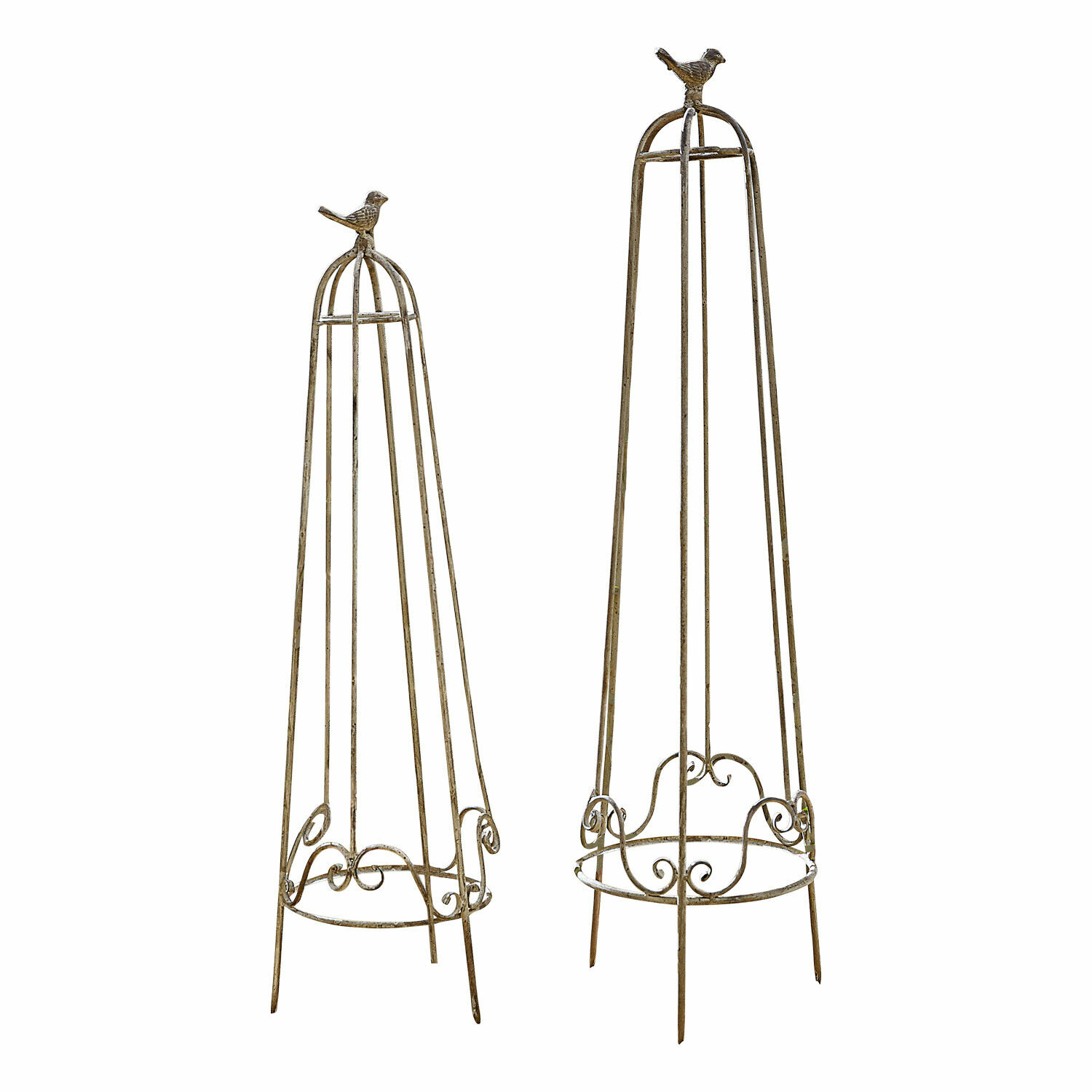 Lot de 2 treillages Orianne Structure décorative de jardin en métal avec oiseau au sommet, finition dorée vieillie